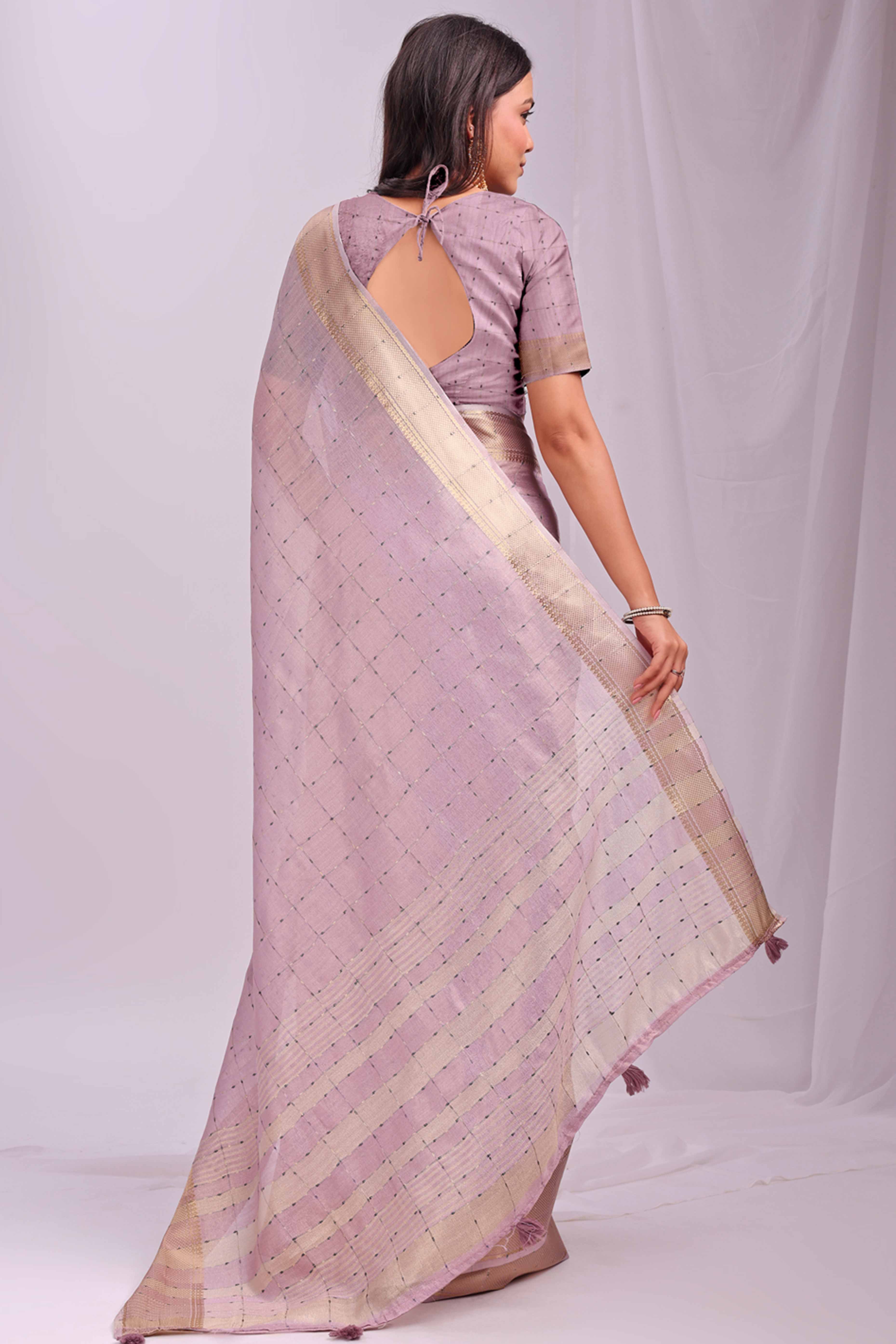 Light Pink Lightweight Organza Saree with Rich Zari Checks Pattern