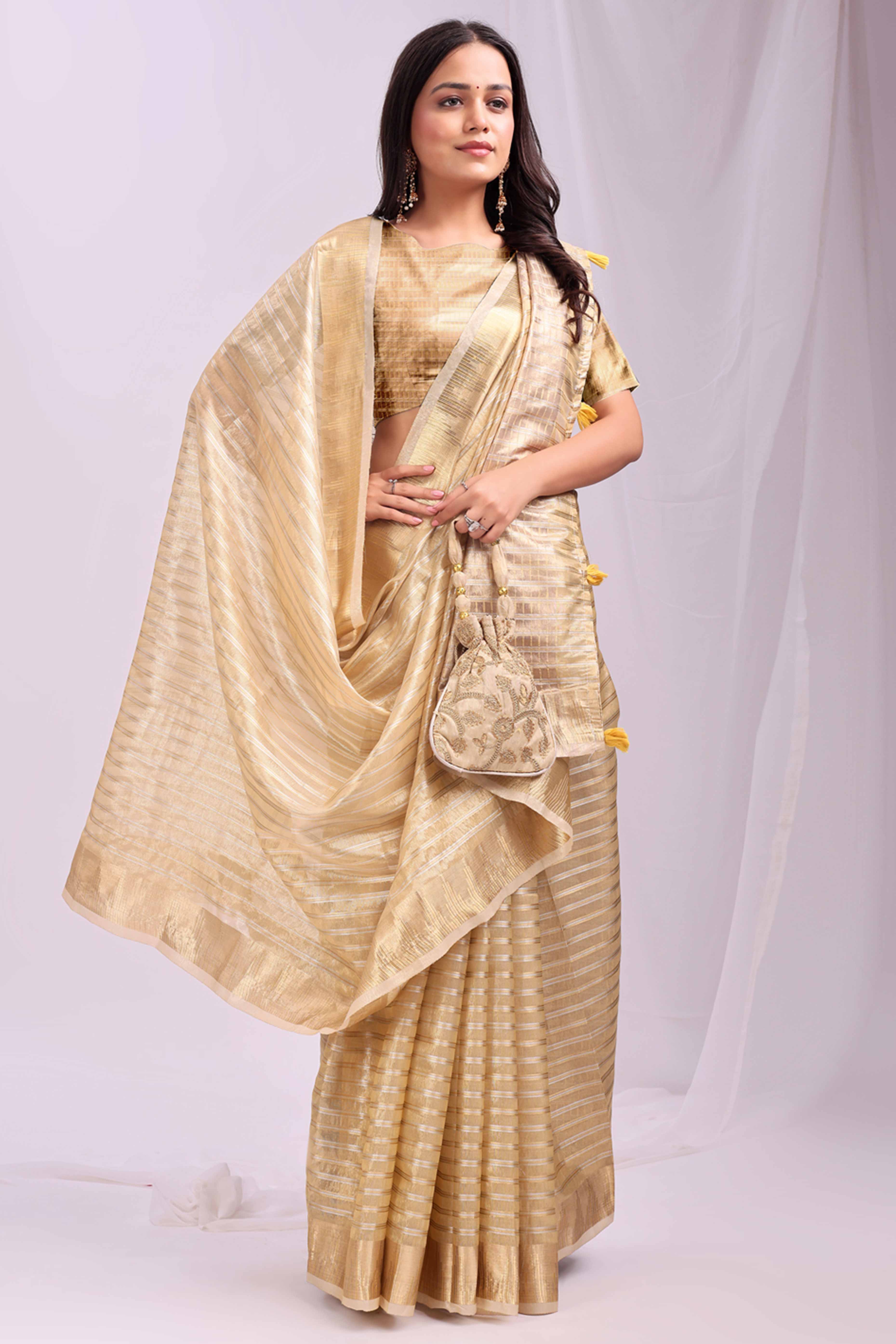 Gold Lightweight Organza Saree with Rich Zari Stripes Pattern