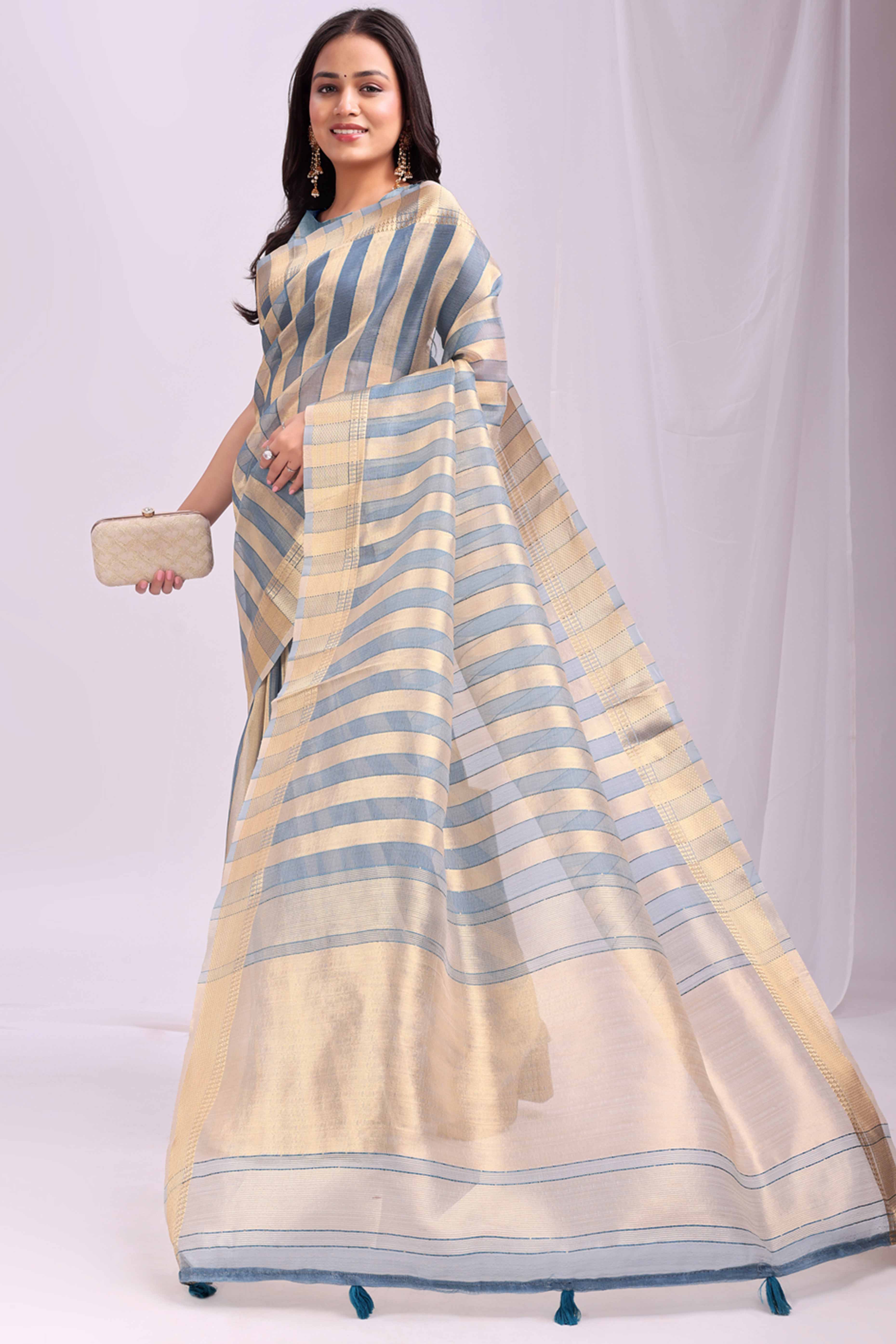 Sky Blue Lightweight Organza Saree with Rich Zari Stripes Pattern