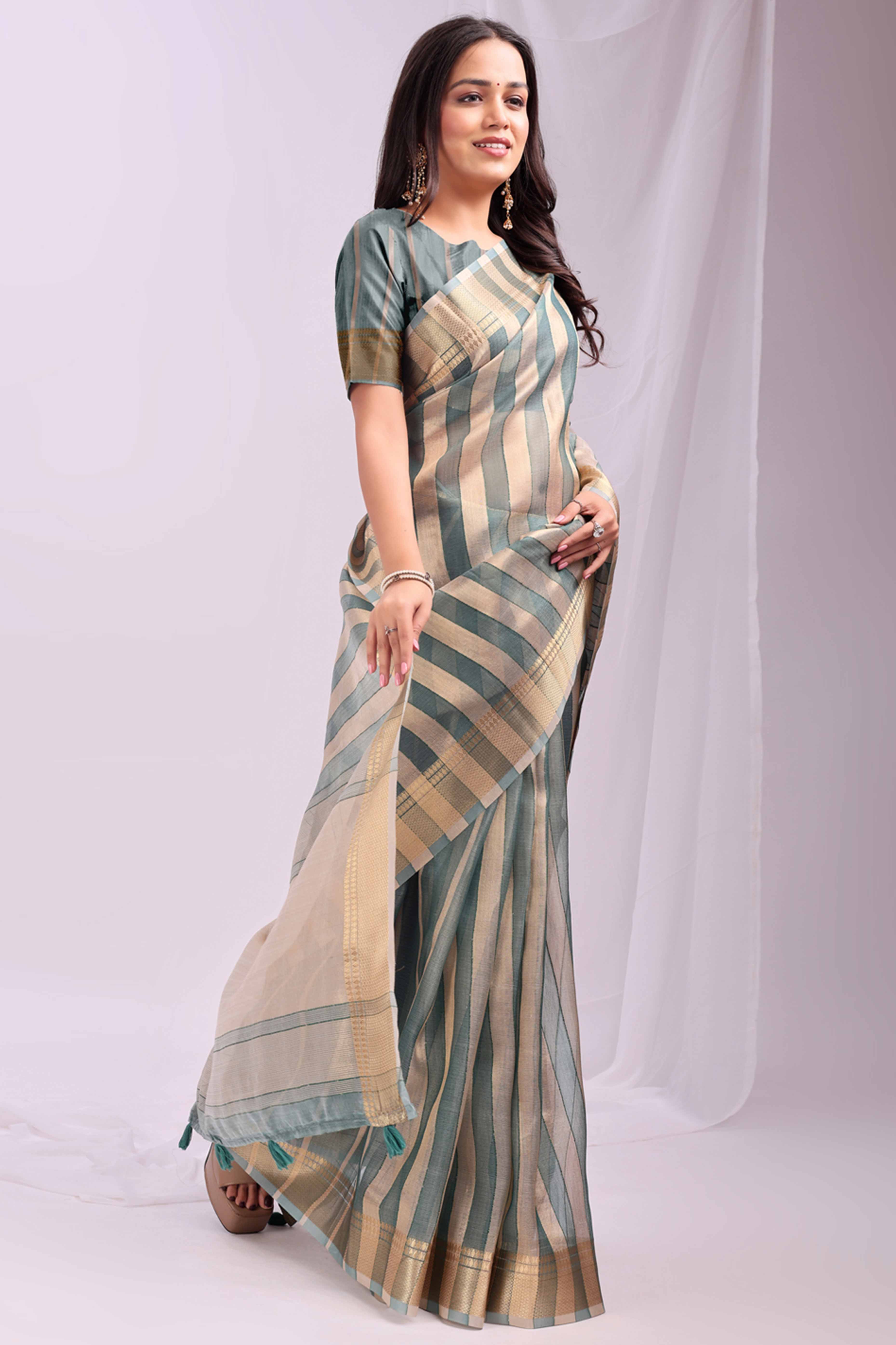Green Lightweight Organza Saree with Rich Zari Stripes Pattern