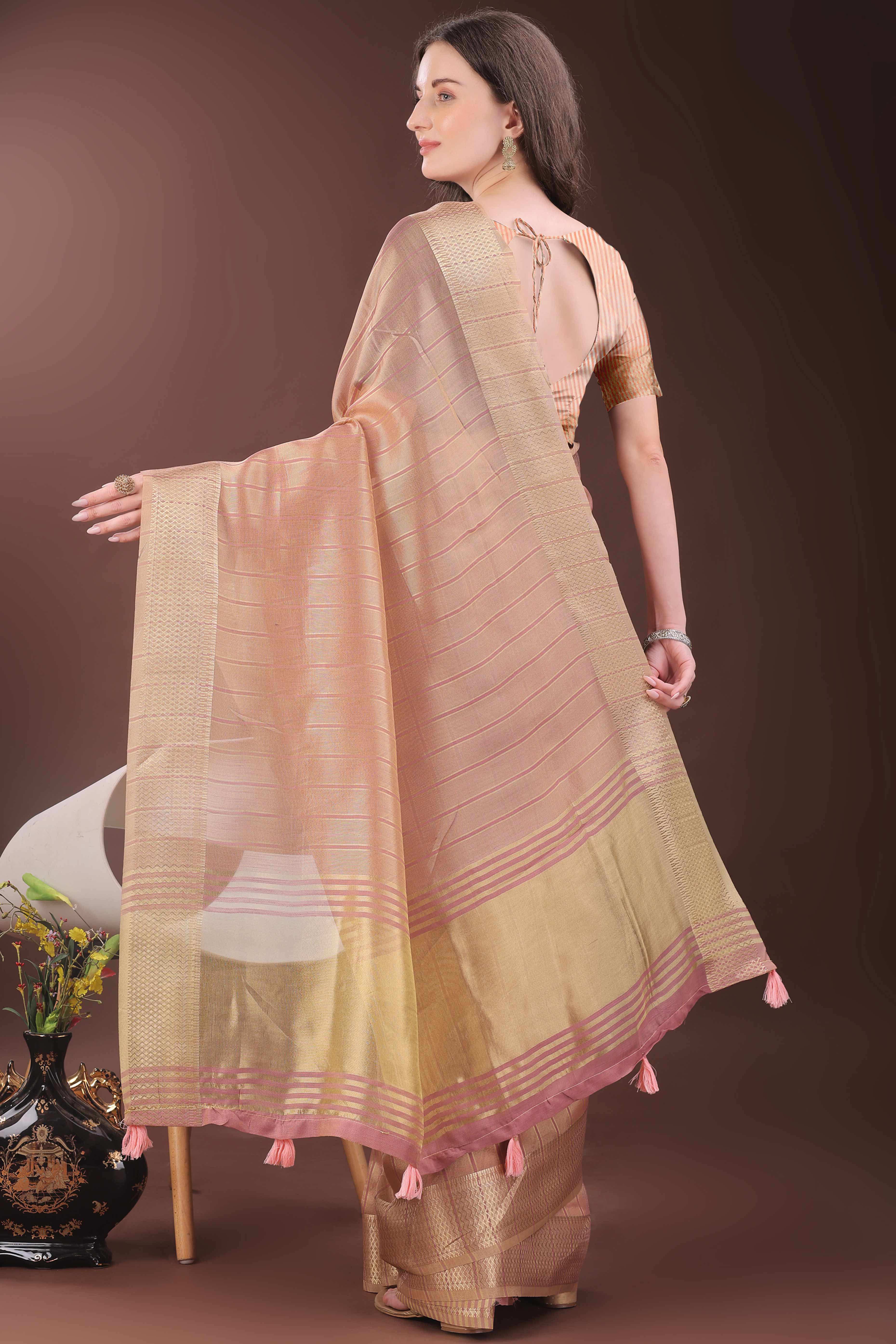 Peach Organza Saree With Zari Woven Stripes & Elegant Tassel Border
