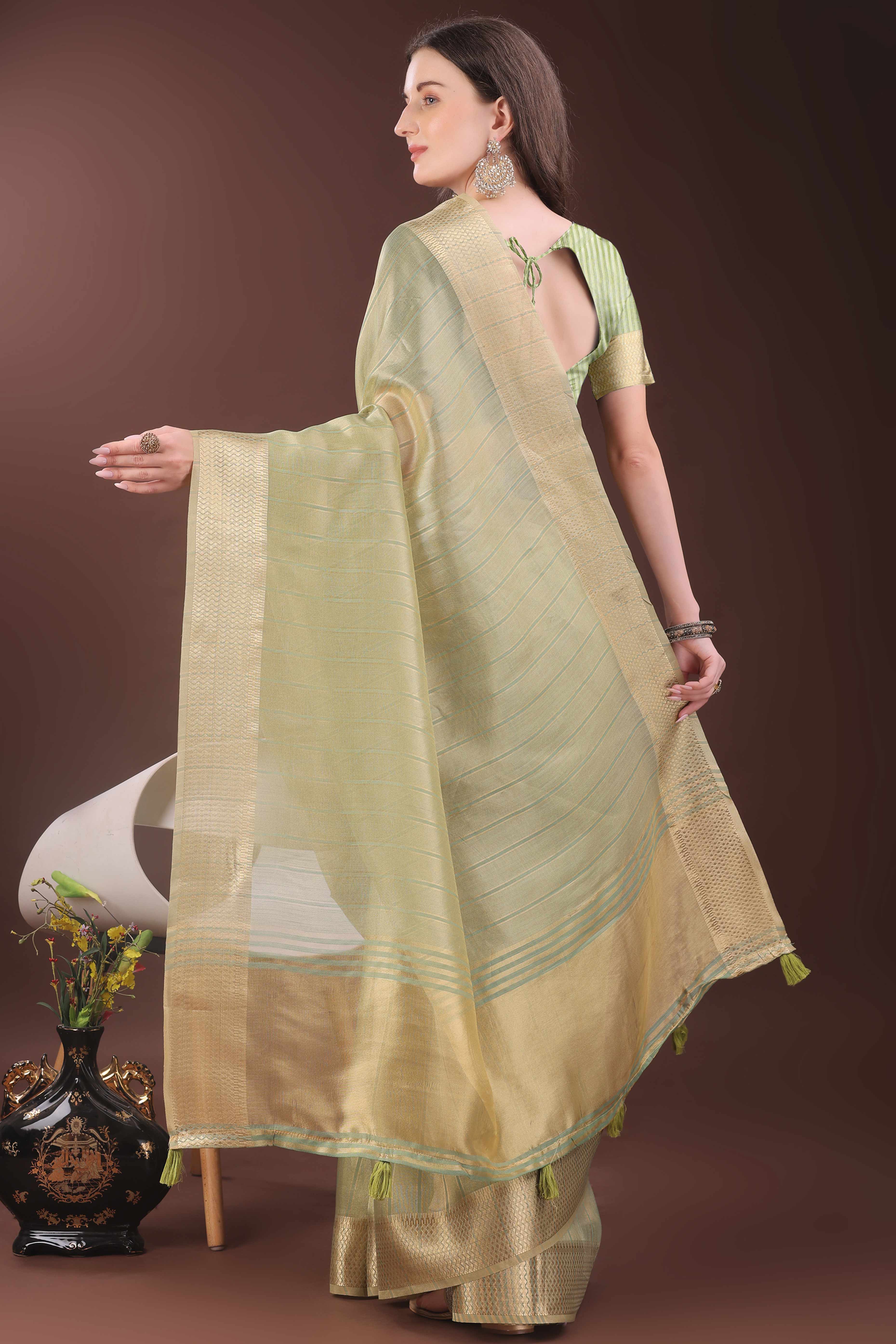 Green Organza Saree With Zari Woven Stripes & Elegant Tassel Border