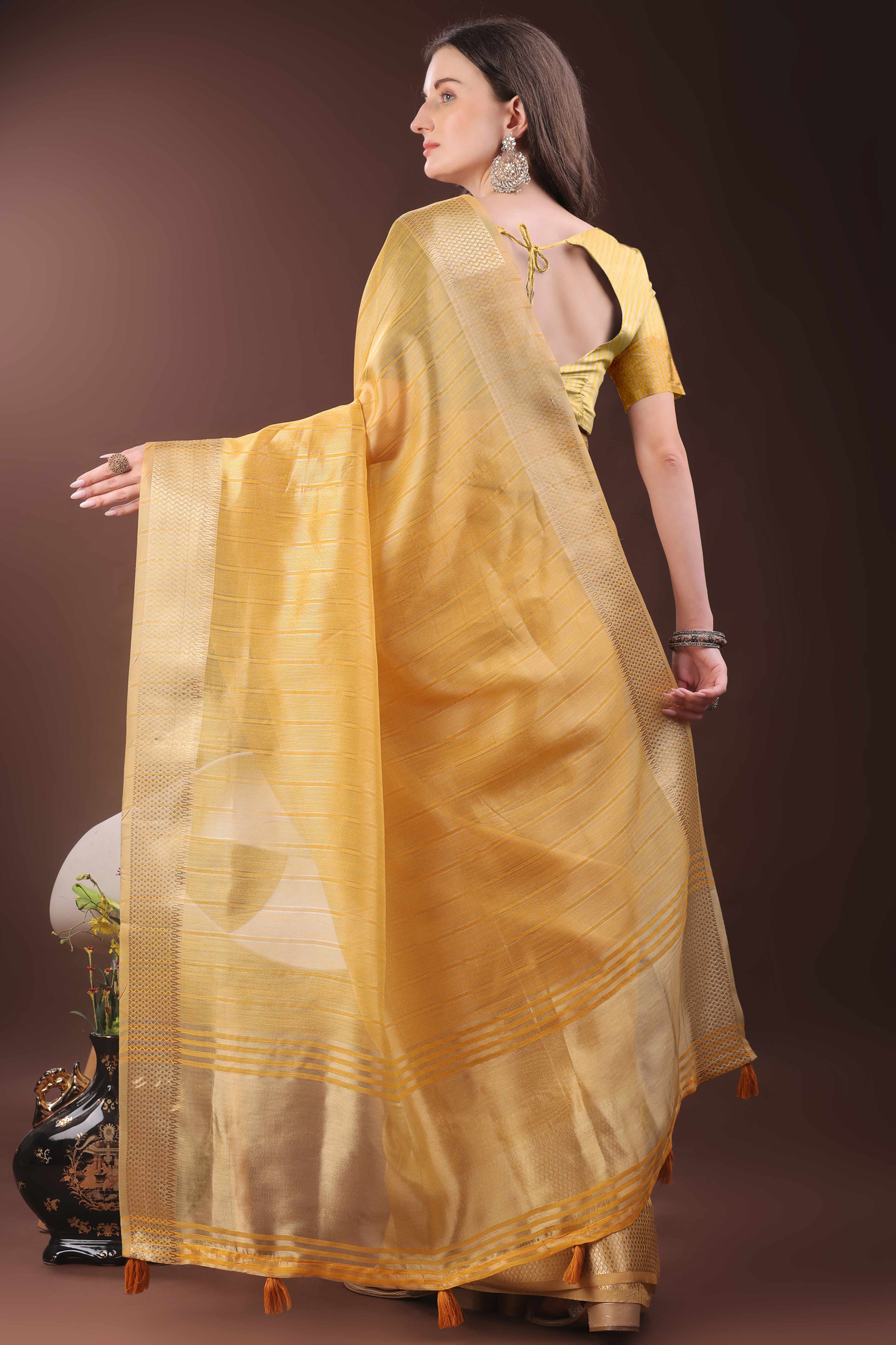 Mustard Organza Saree With Zari Woven Stripes & Elegant Tassel Border