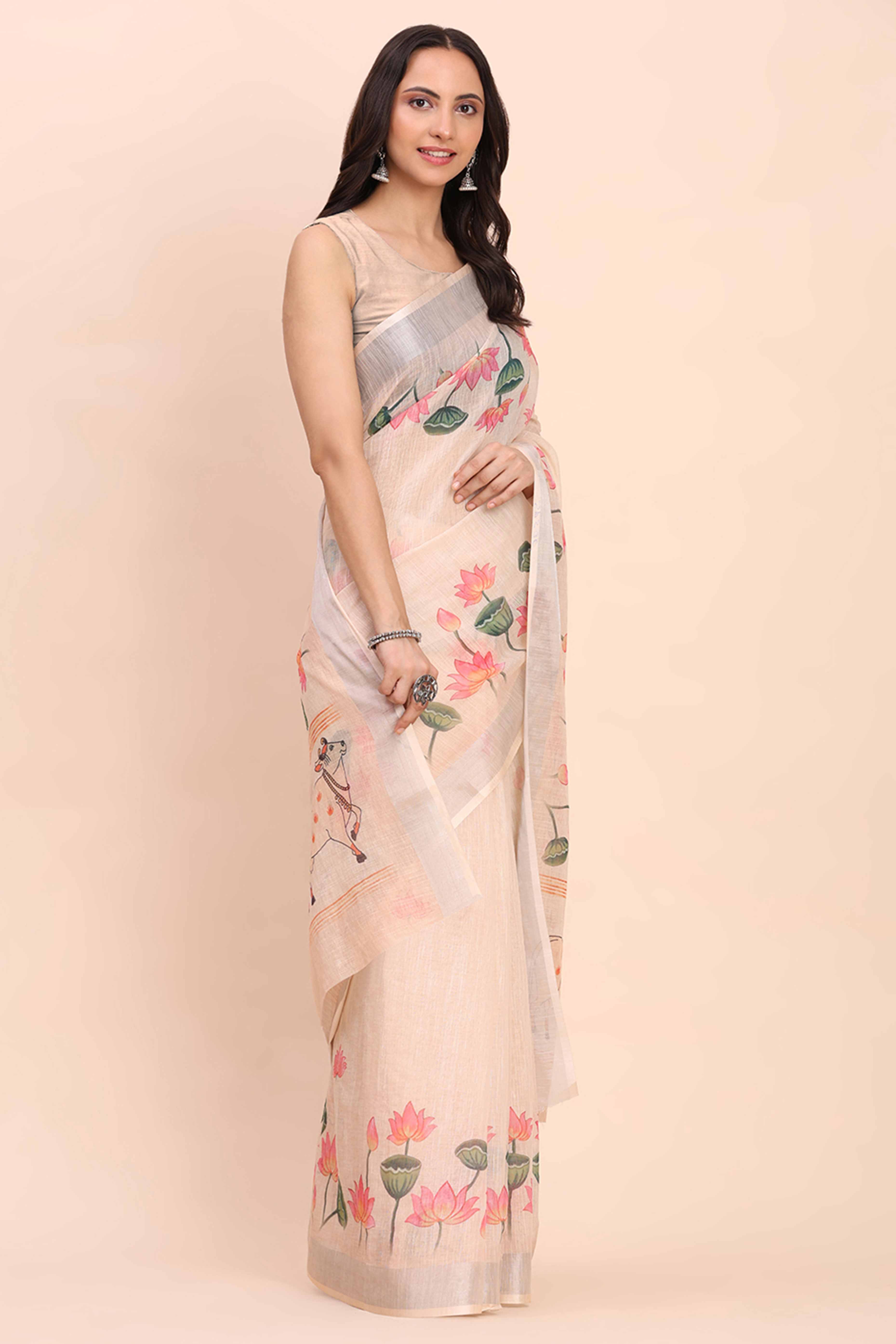Beige Linen Cotton Saree Featuring Floral Prints & Woven Border