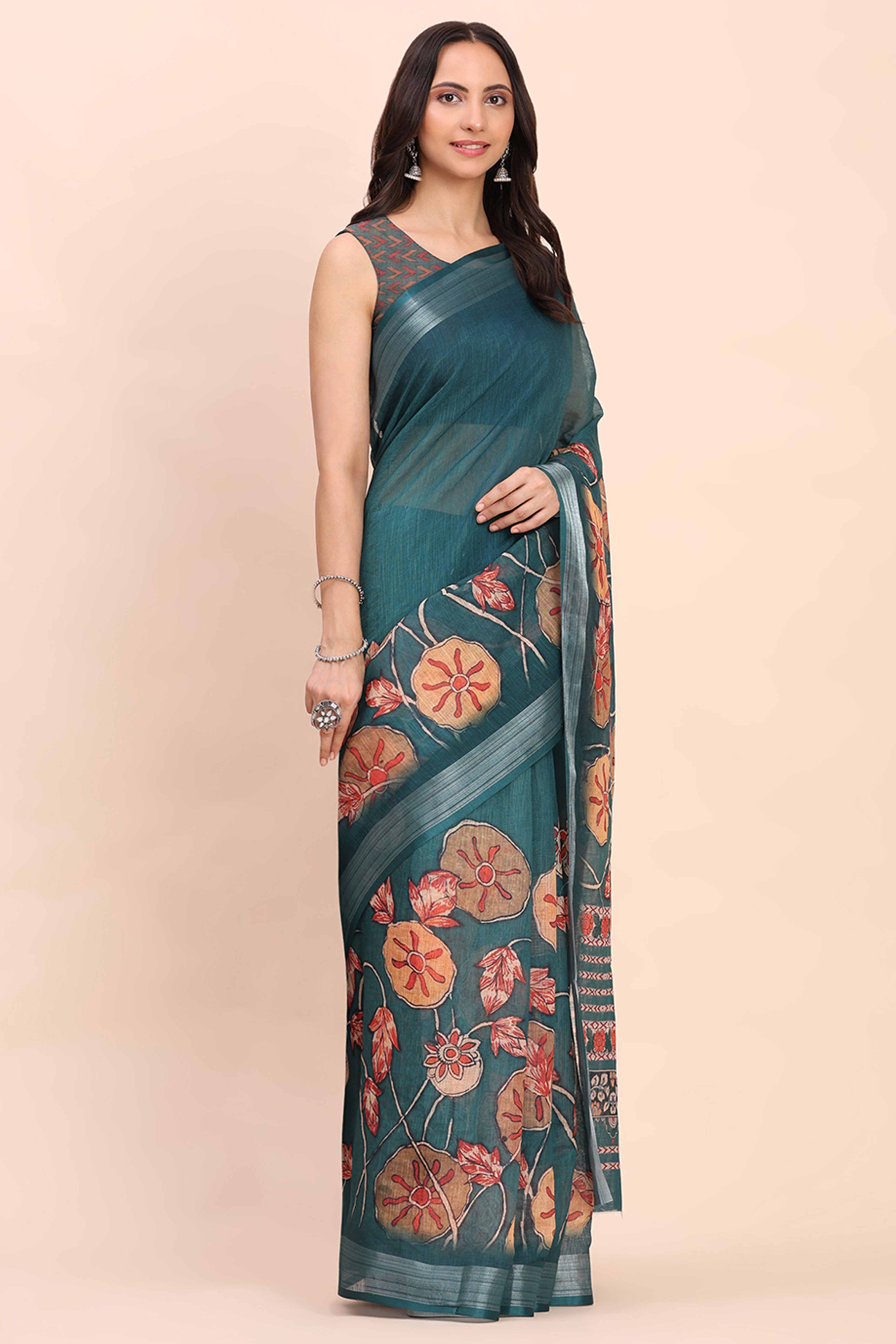 Teal Blue Linen Cotton Saree Featuring Floral Prints & Woven Border