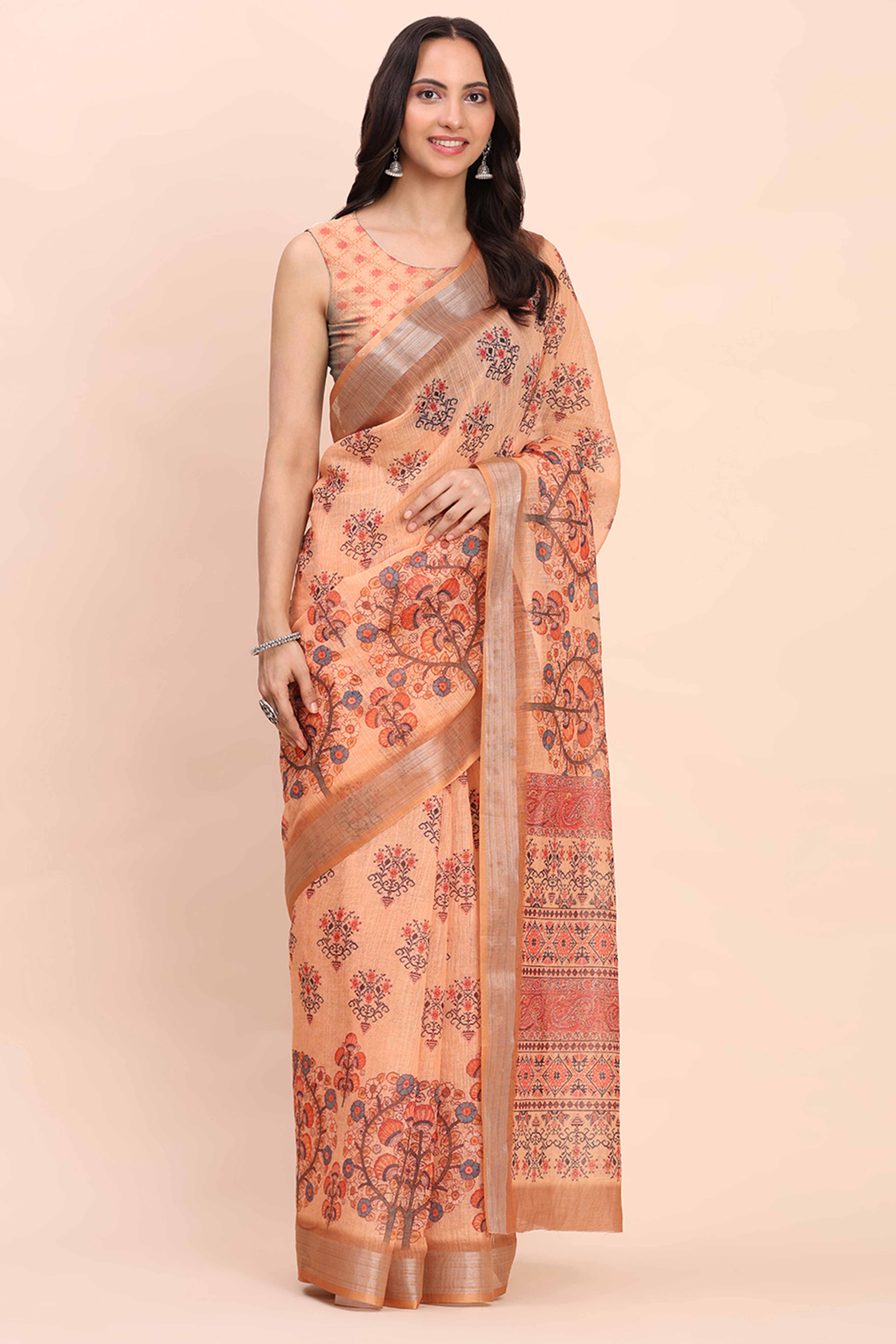 Orange Linen Cotton Saree Featuring Floral Prints & Woven Border