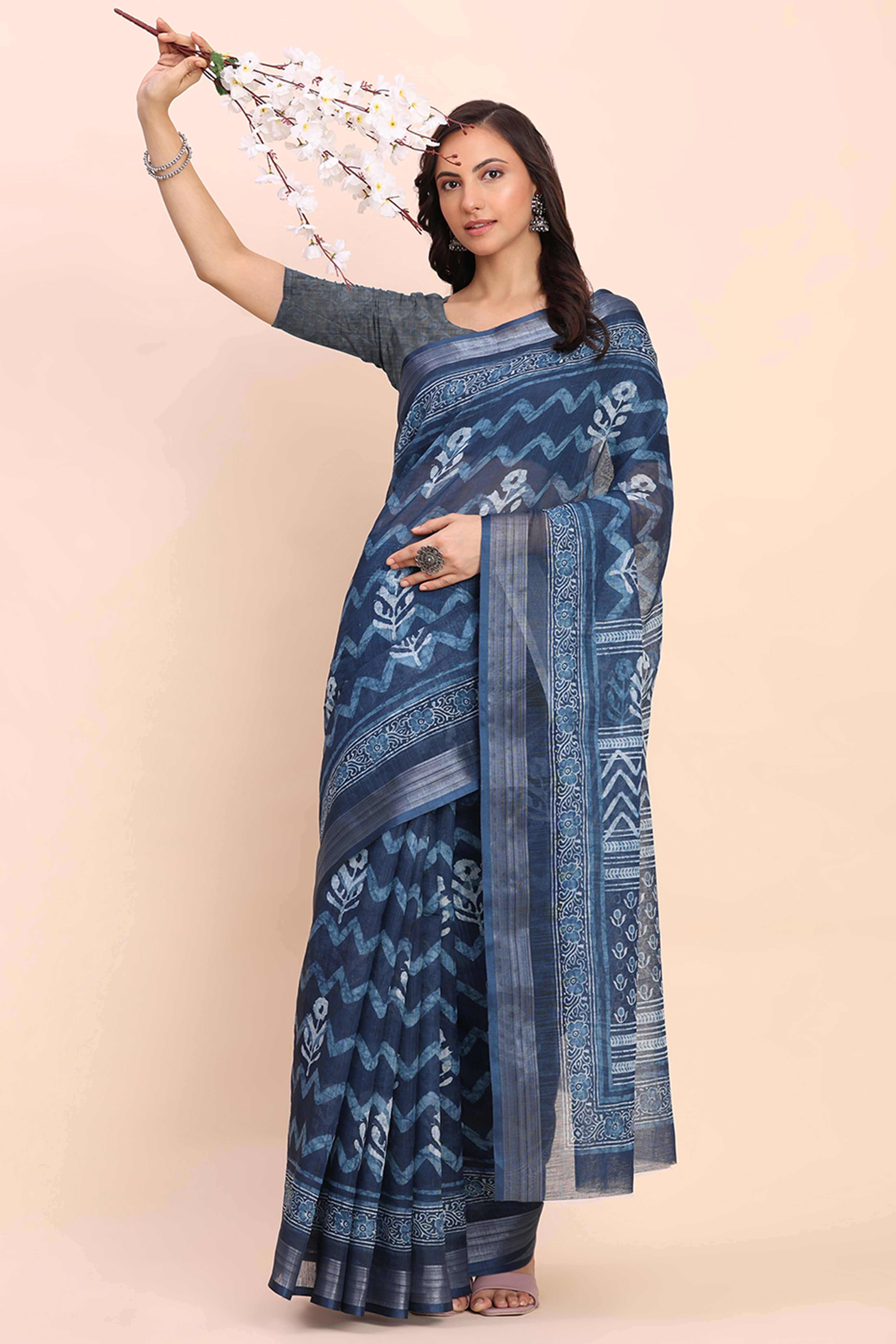 Indigo Blue Linen Cotton Saree Featuring Floral Prints & Woven Border