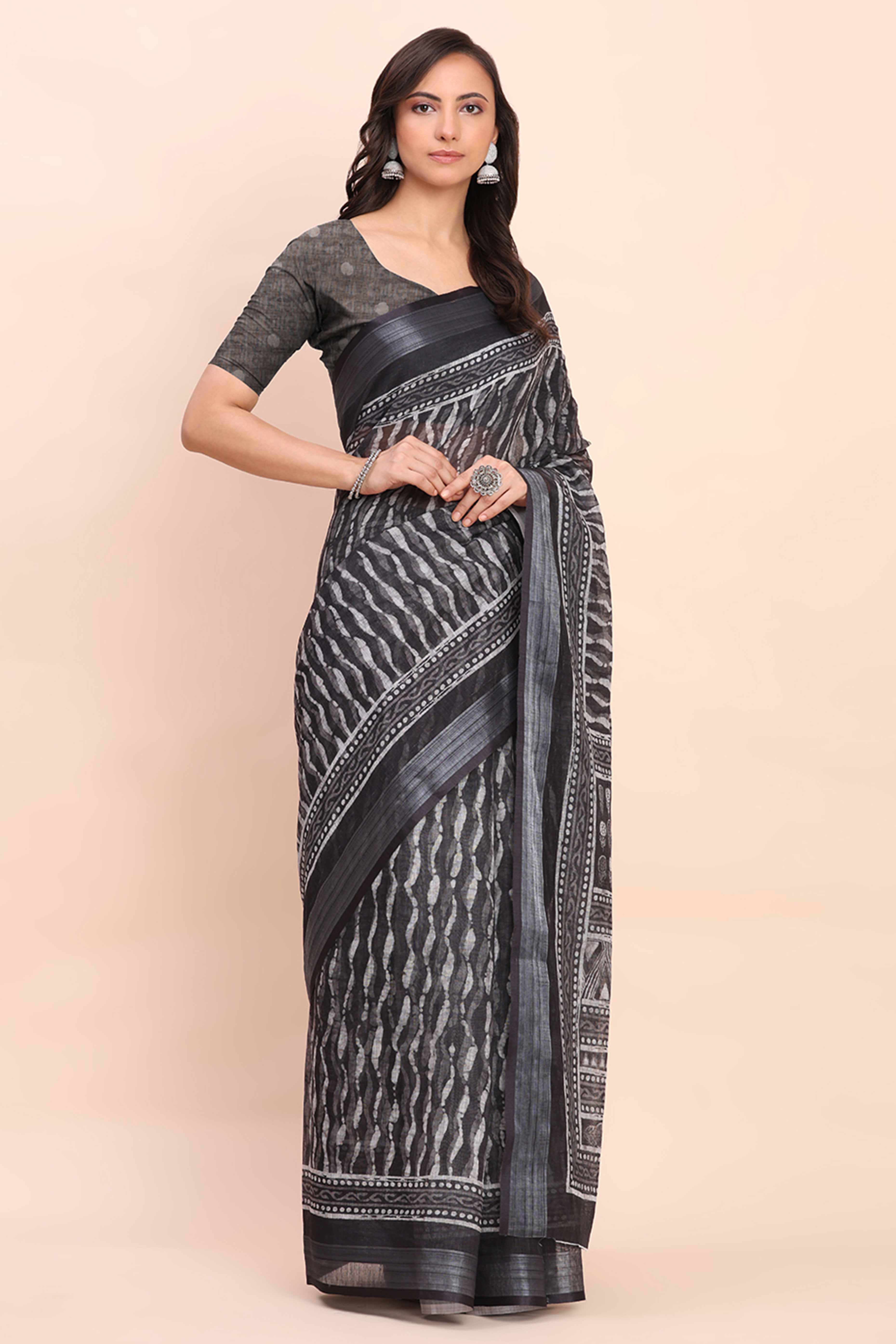 Black Linen Saree with Intricate Silver Weaving