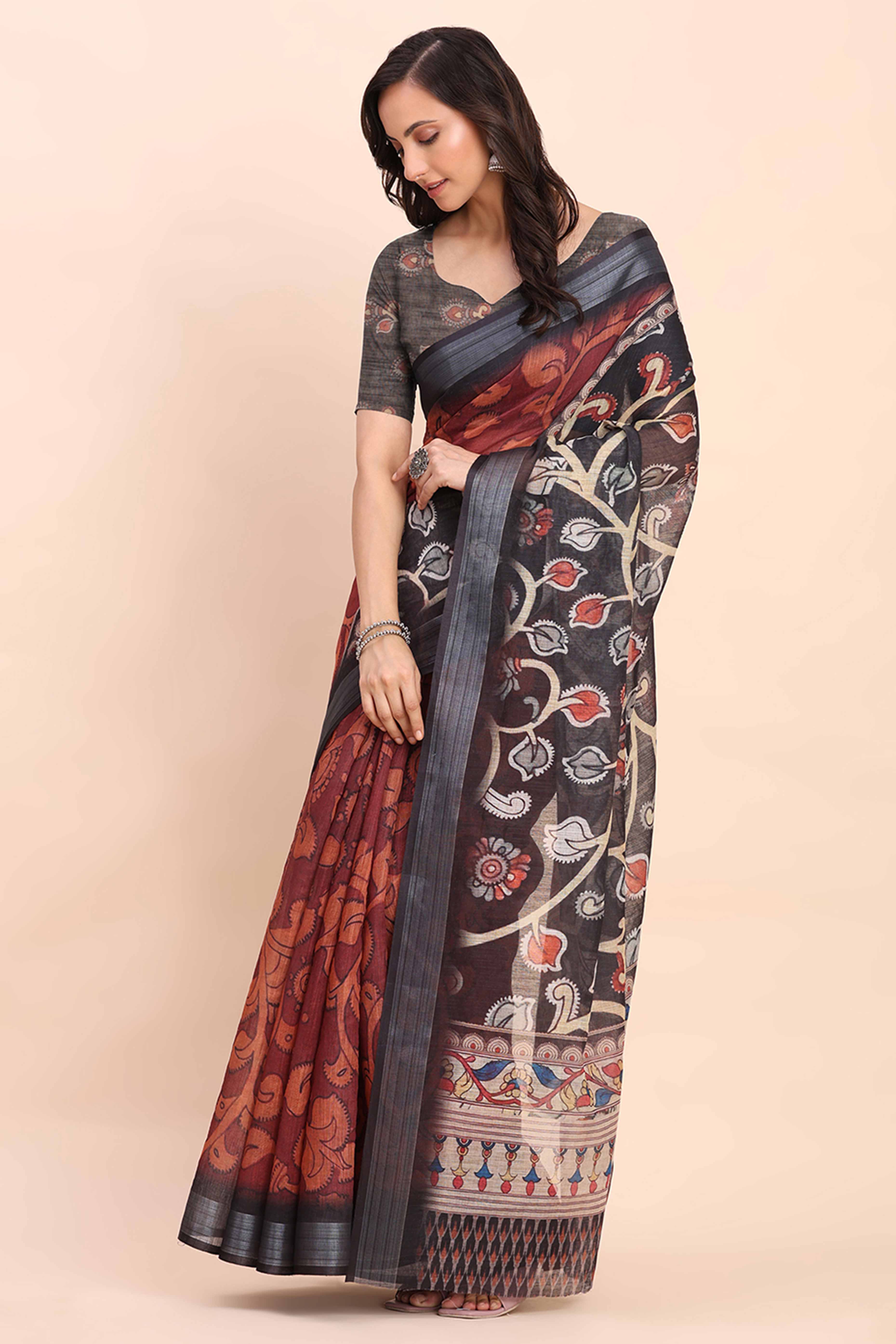 Maroon Linen Saree with Intricate Silver Weaving
