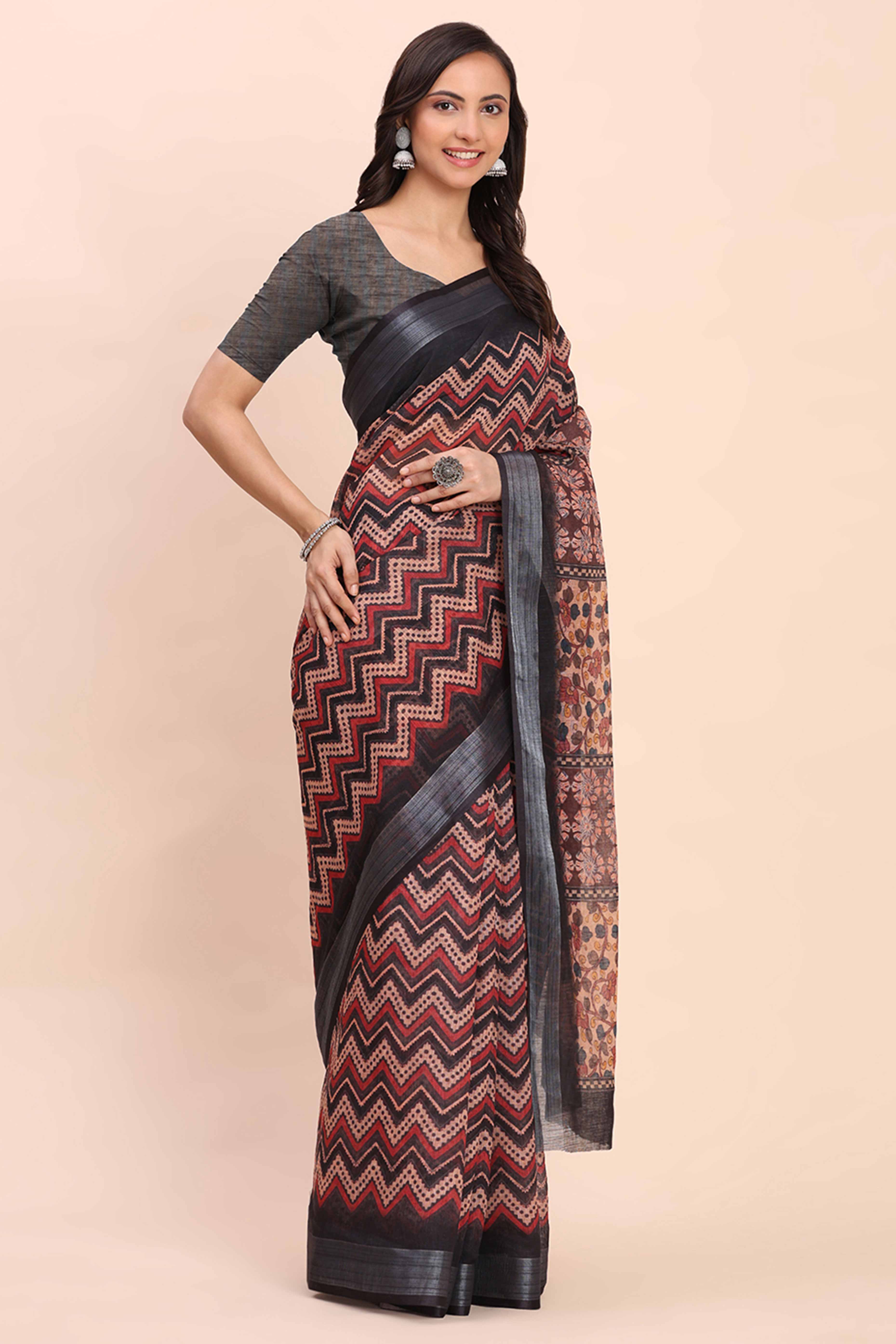 Beige Linen Saree with Intricate Silver Weaving