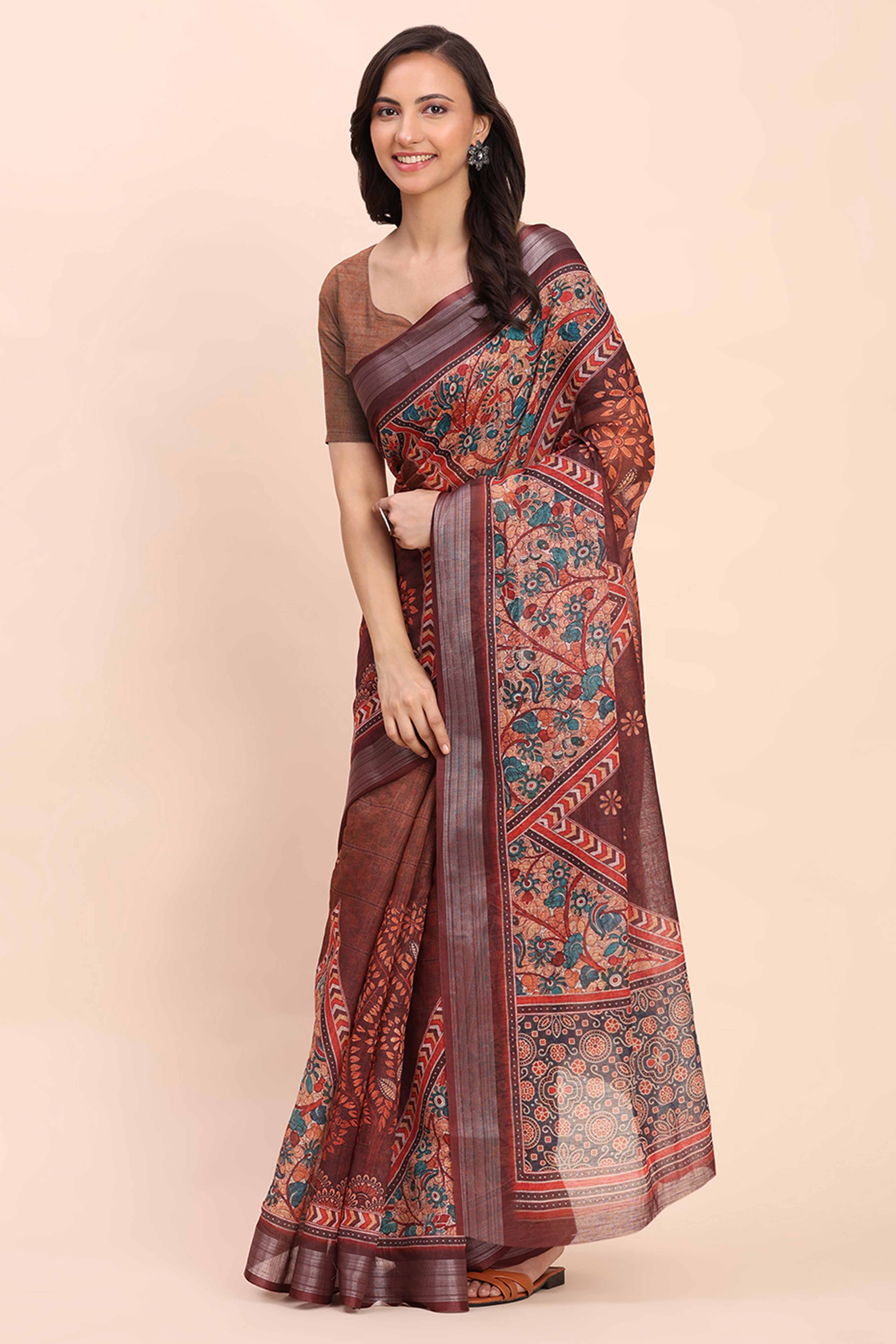 Brown Linen Saree with Intricate Silver Weaving