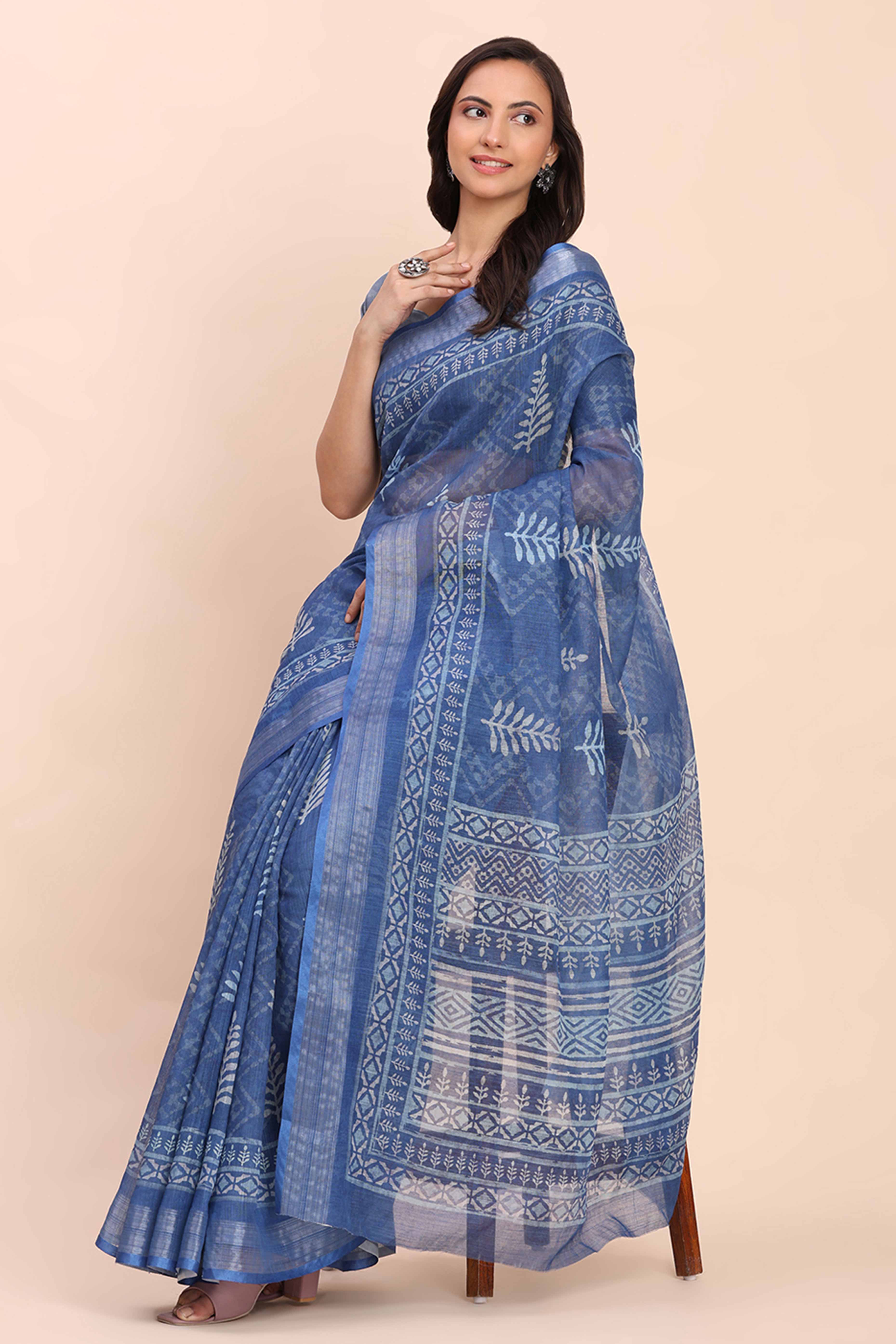 Indigo Blue Linen Saree with Intricate Silver Weaving