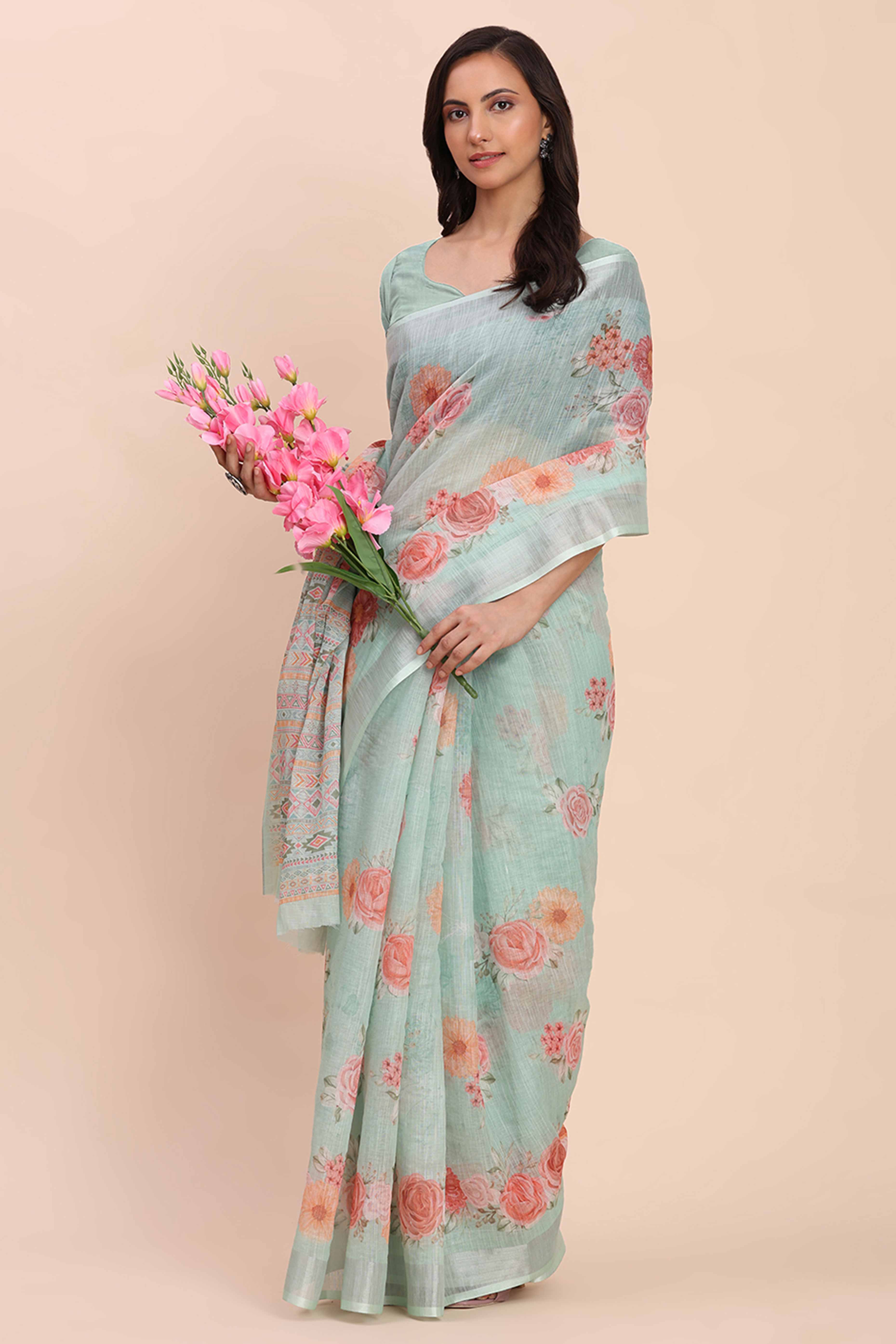 Sea Green Linen Saree with Intricate Silver Weaving