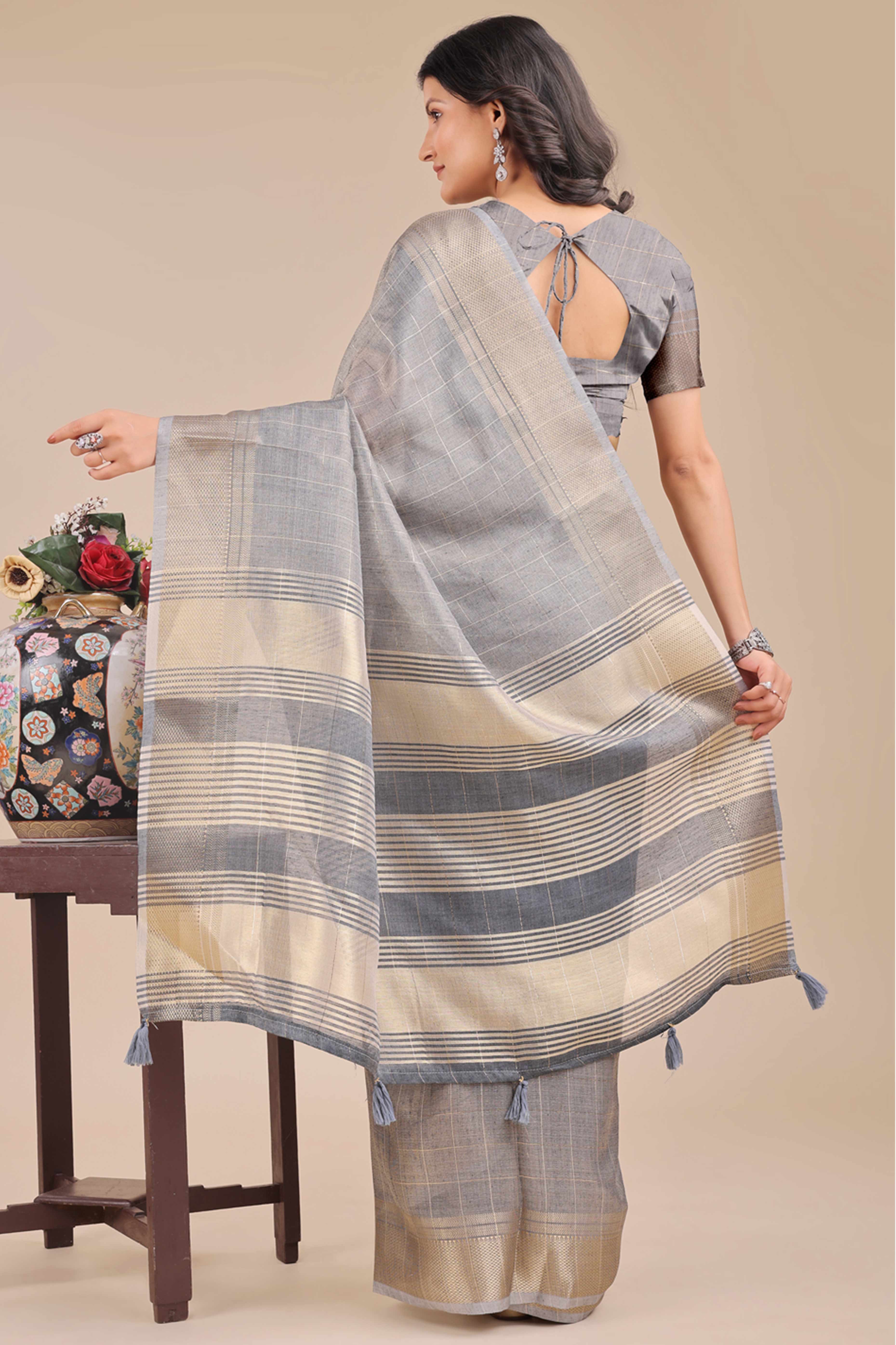 Grey Organza Saree with Checkered Zari Weaving Design and Tassels