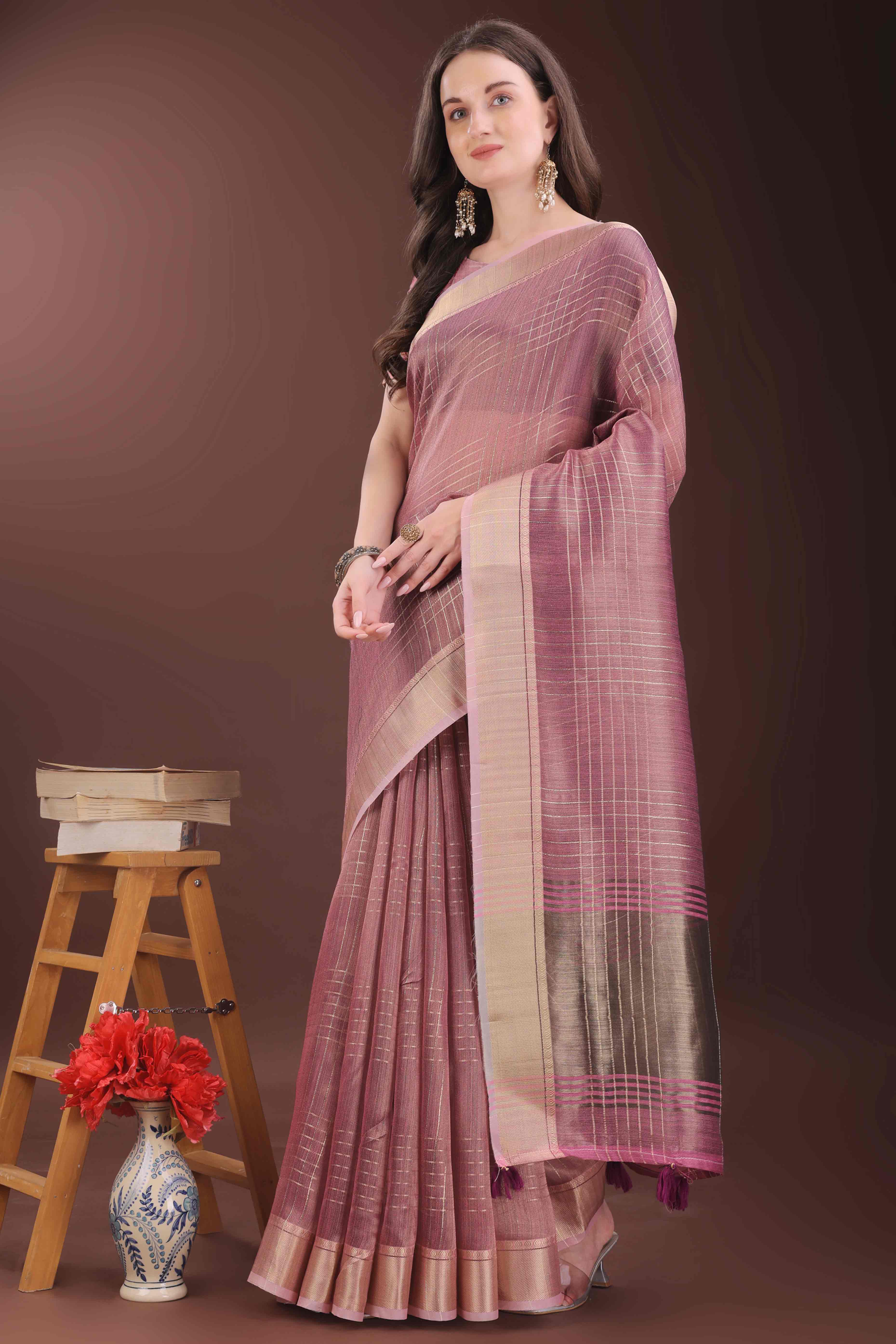 Onion Pink Organza Saree With Zari Weaving Check Patterns & Elegant Tassel Accents