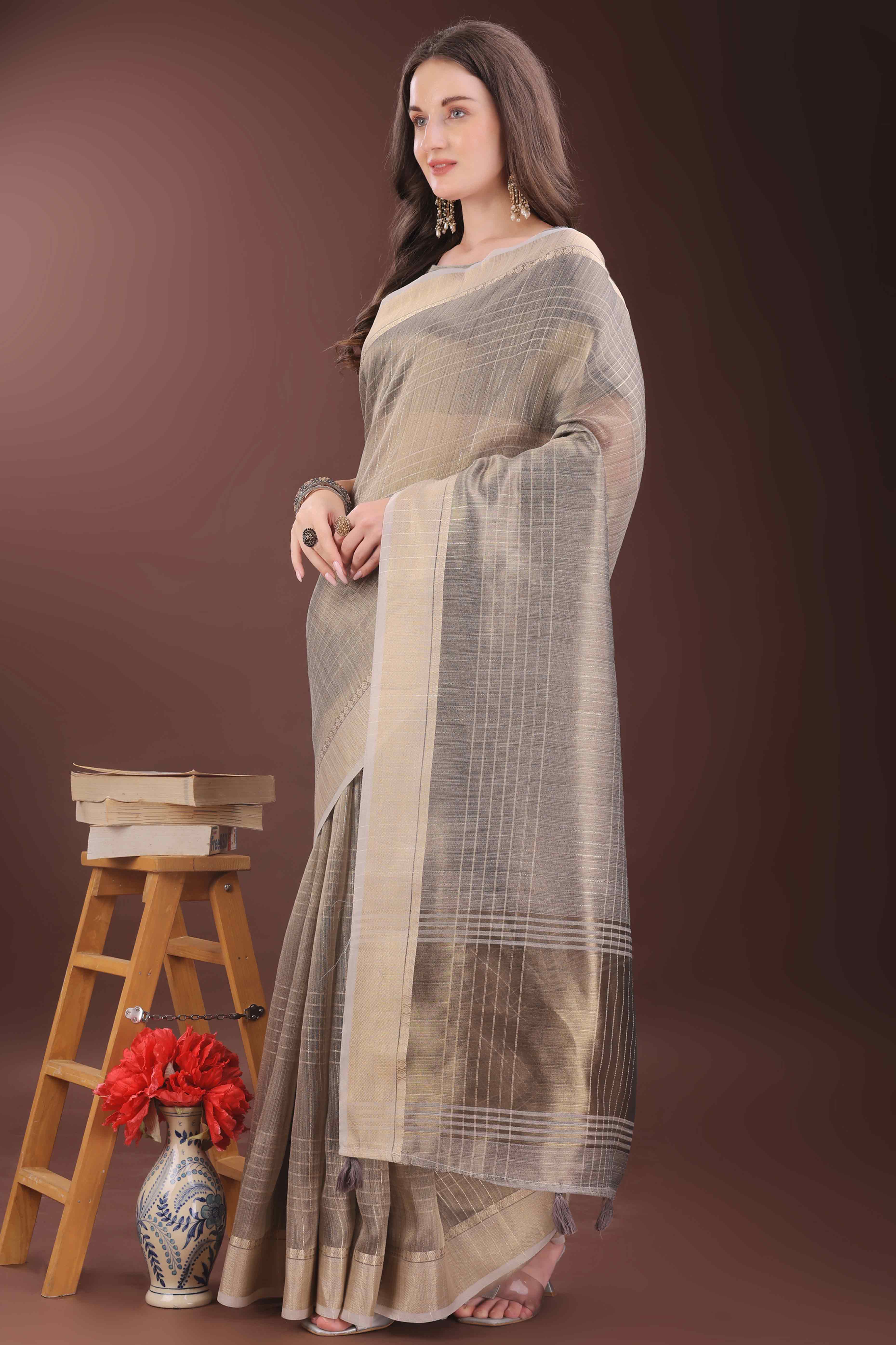 Grey Organza Saree With Zari Weaving Check Patterns & Elegant Tassel Accents