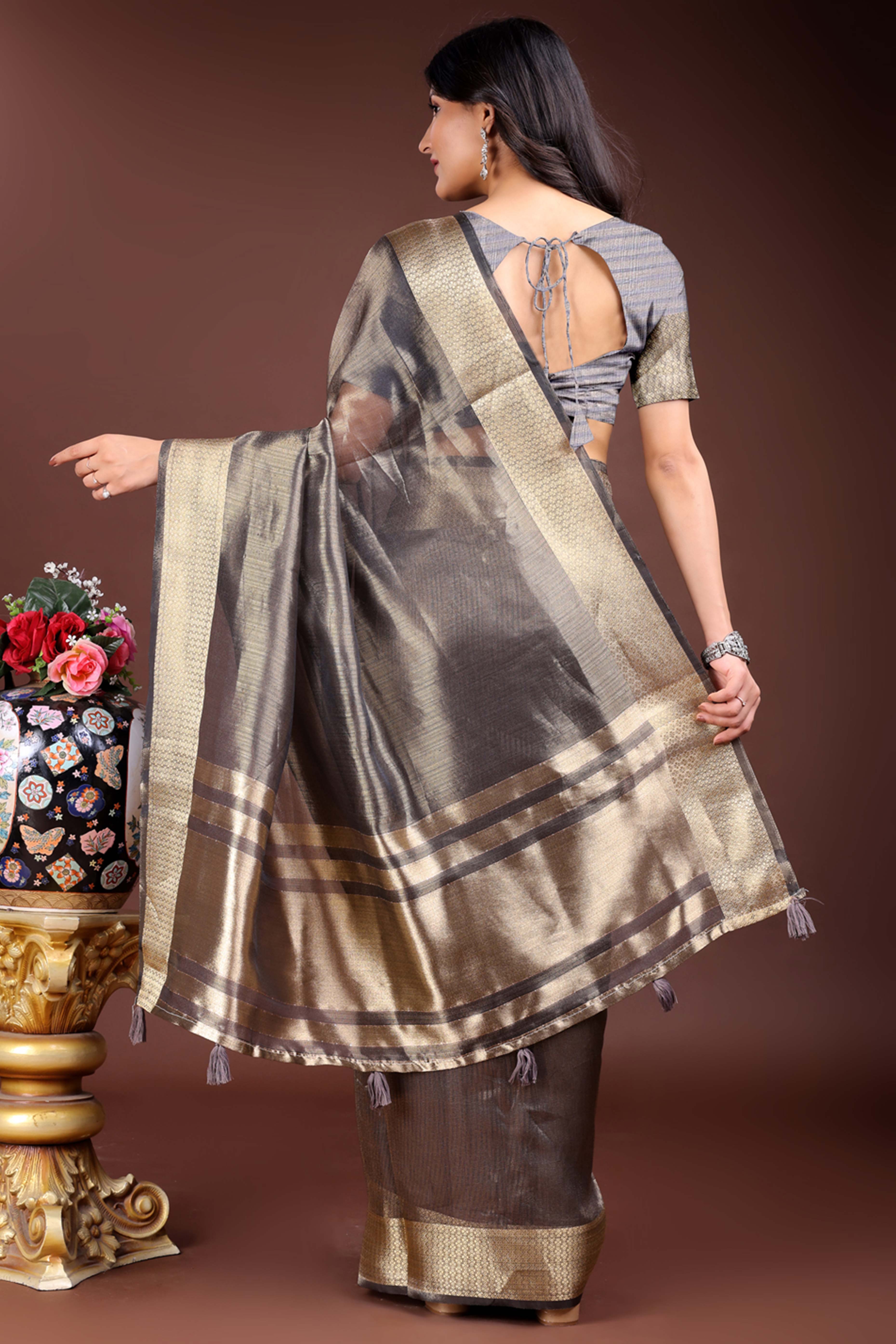 Grey Organza Saree with Zari Border Weaving Design