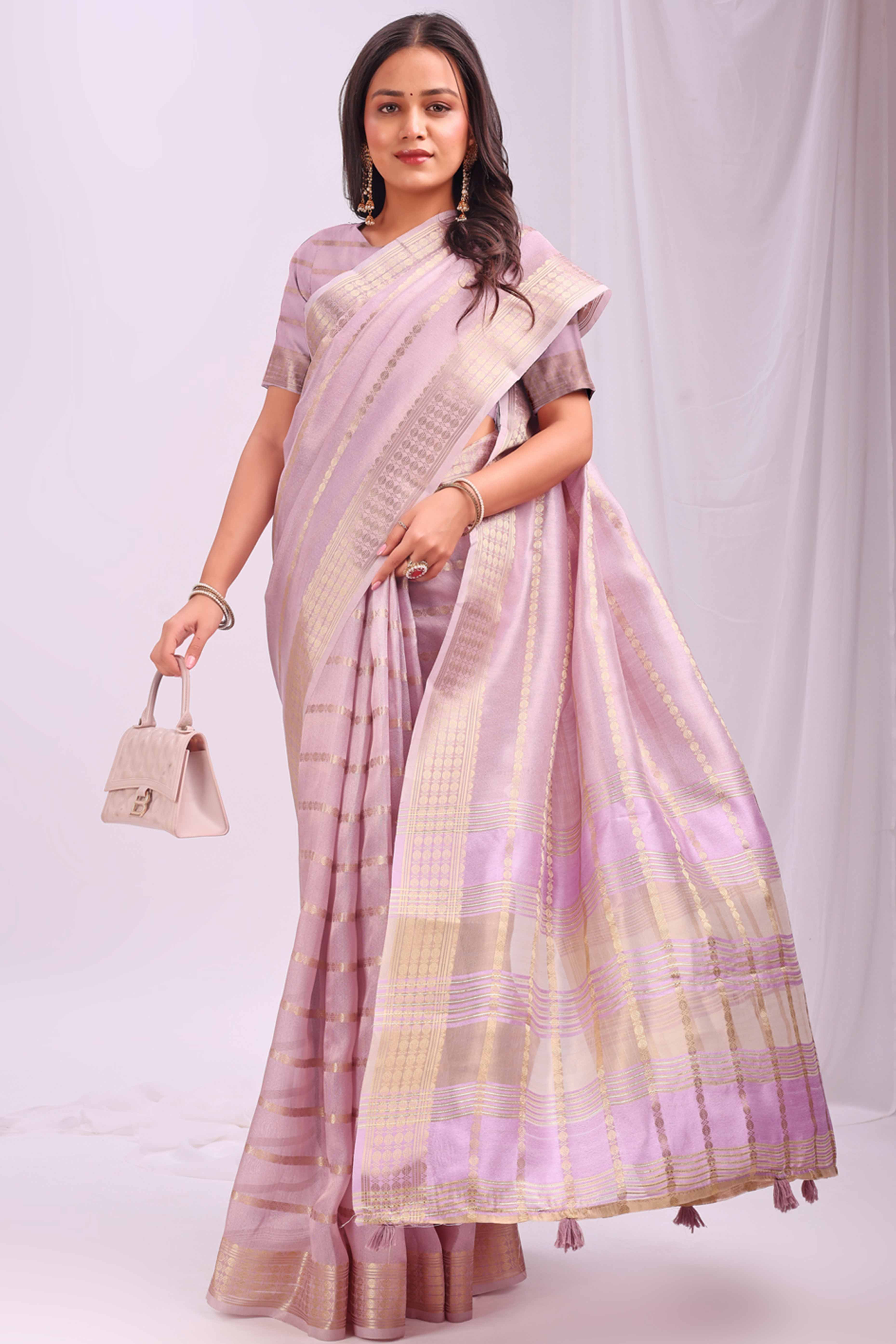 Light Pink Lightweight Organza Saree with Rich Zari Stripes Pattern