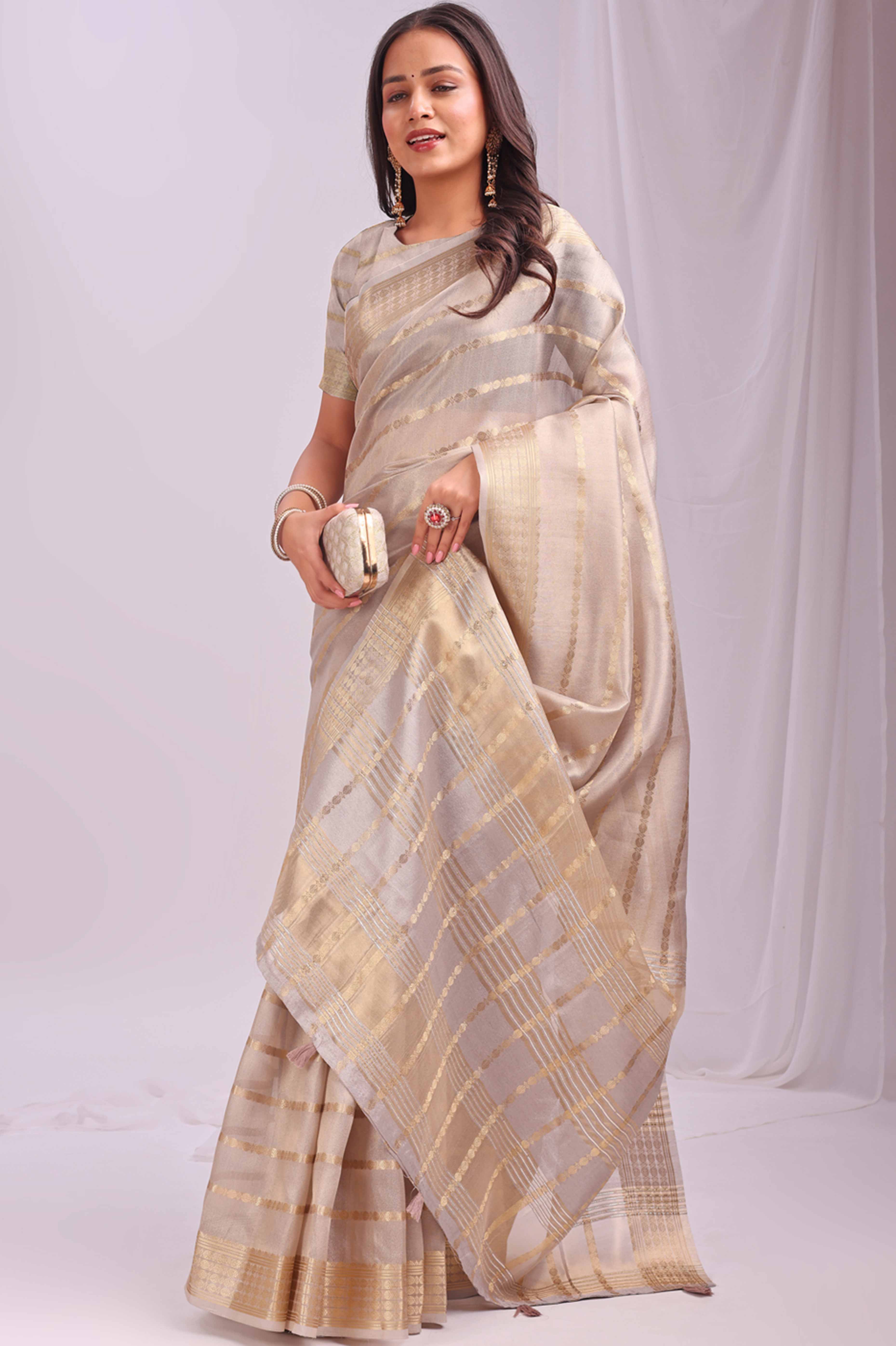 Cream Lightweight Organza Saree with Rich Zari Stripes Pattern