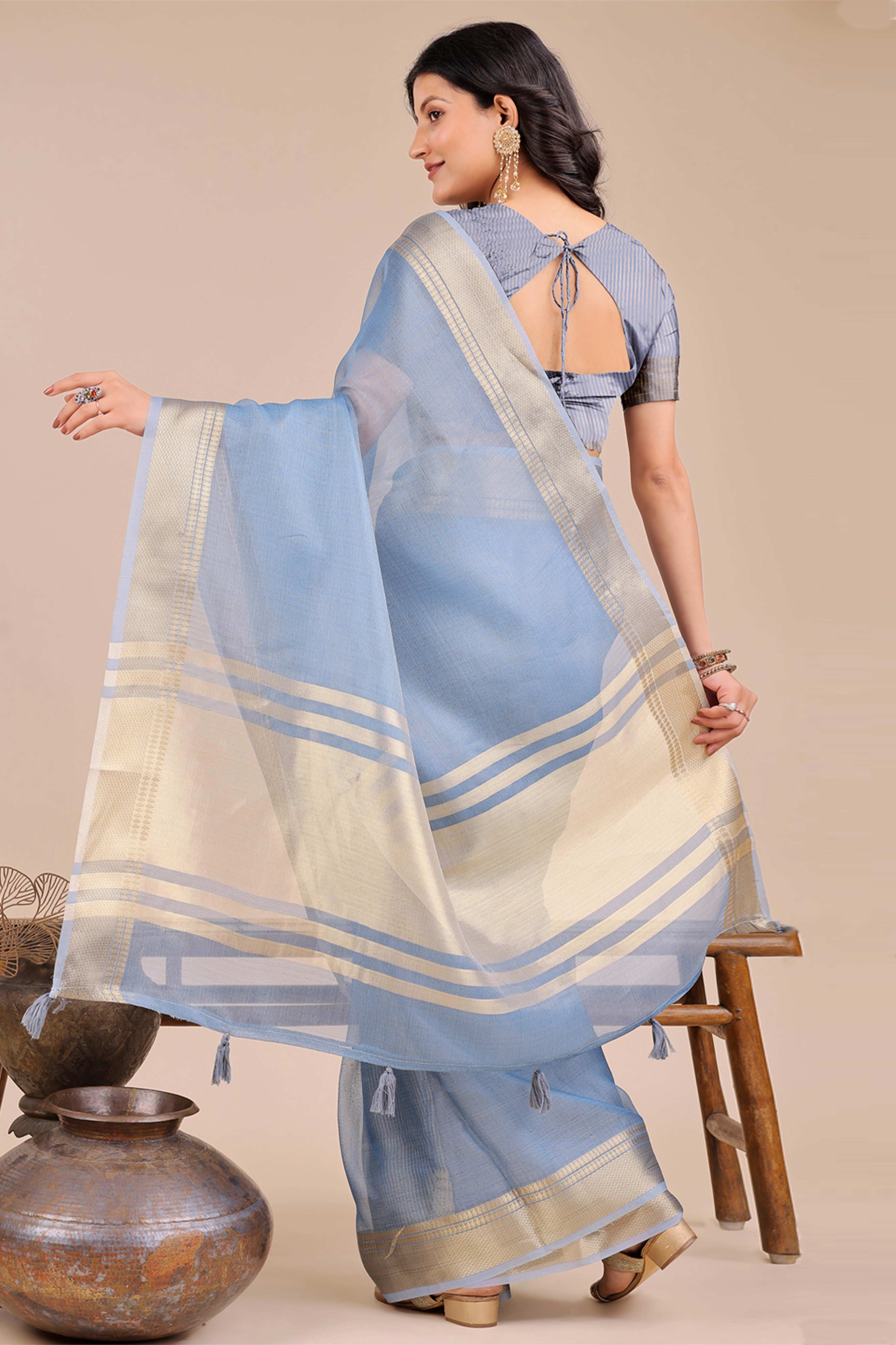 Soft Sky Blue Organza Saree with Detailed Zari Woven Edging