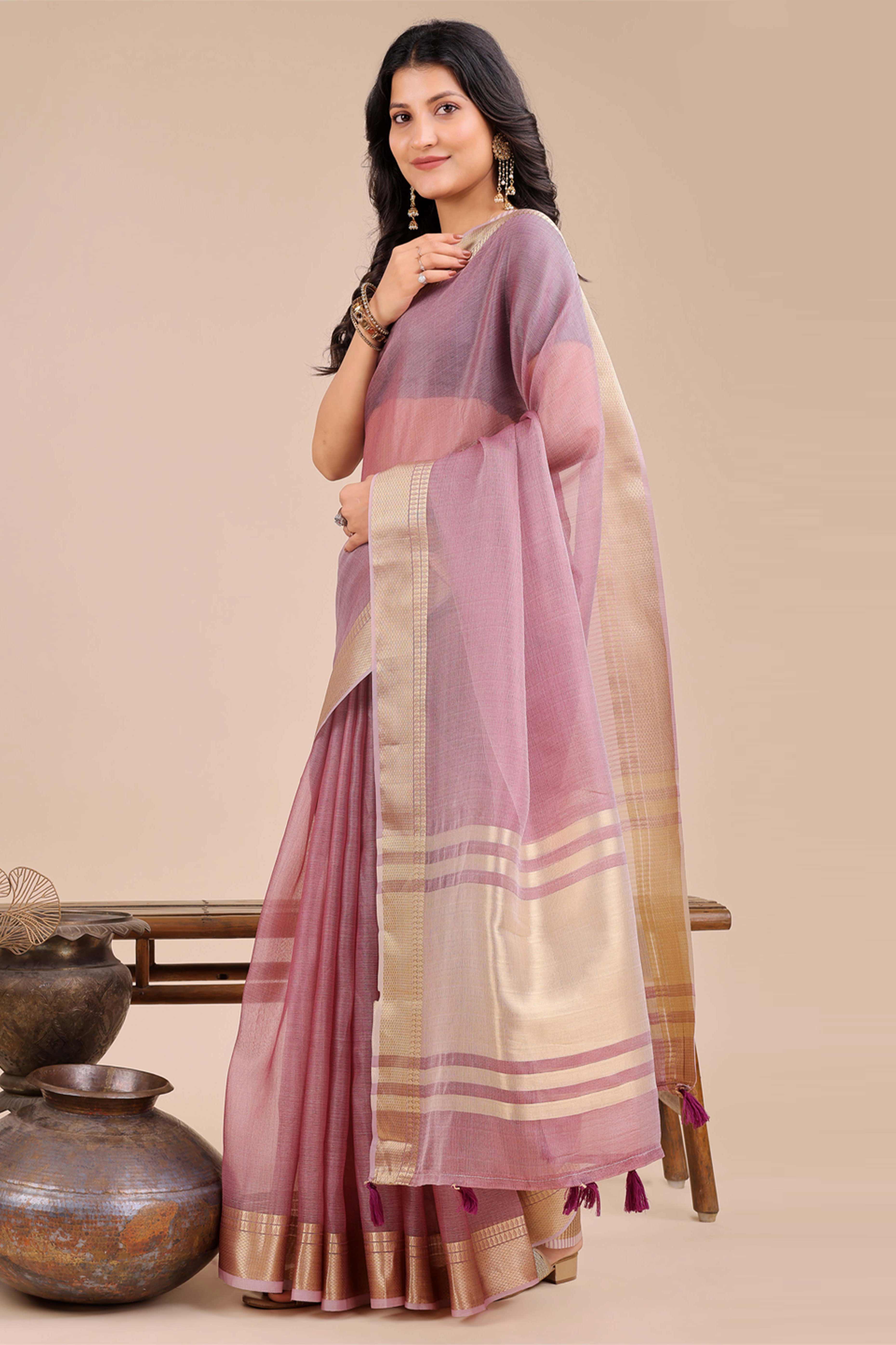 Soft Purple Organza Saree with Detailed Zari Woven Edging