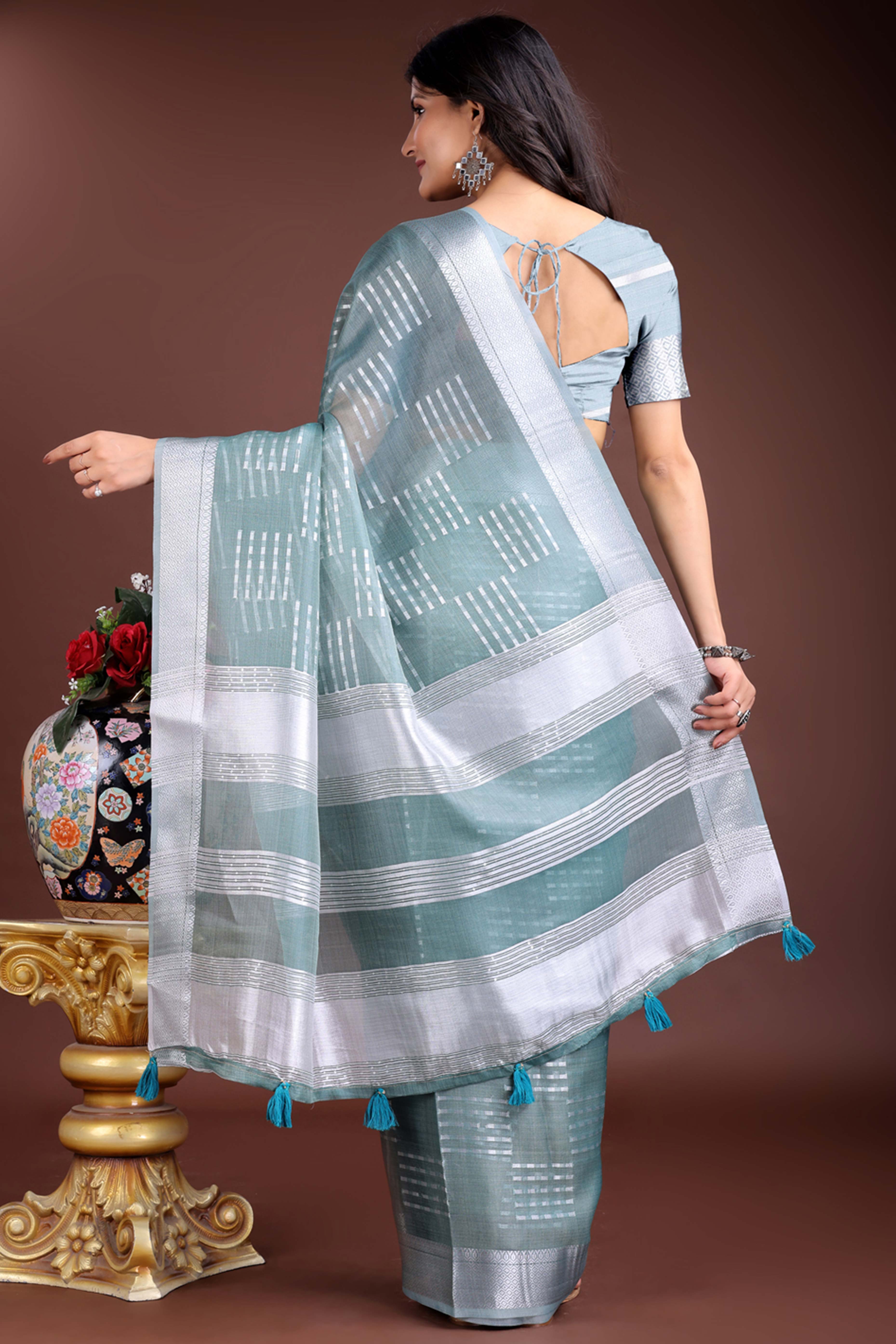 Sky Blue Organza Saree with Zari Woven Elegance