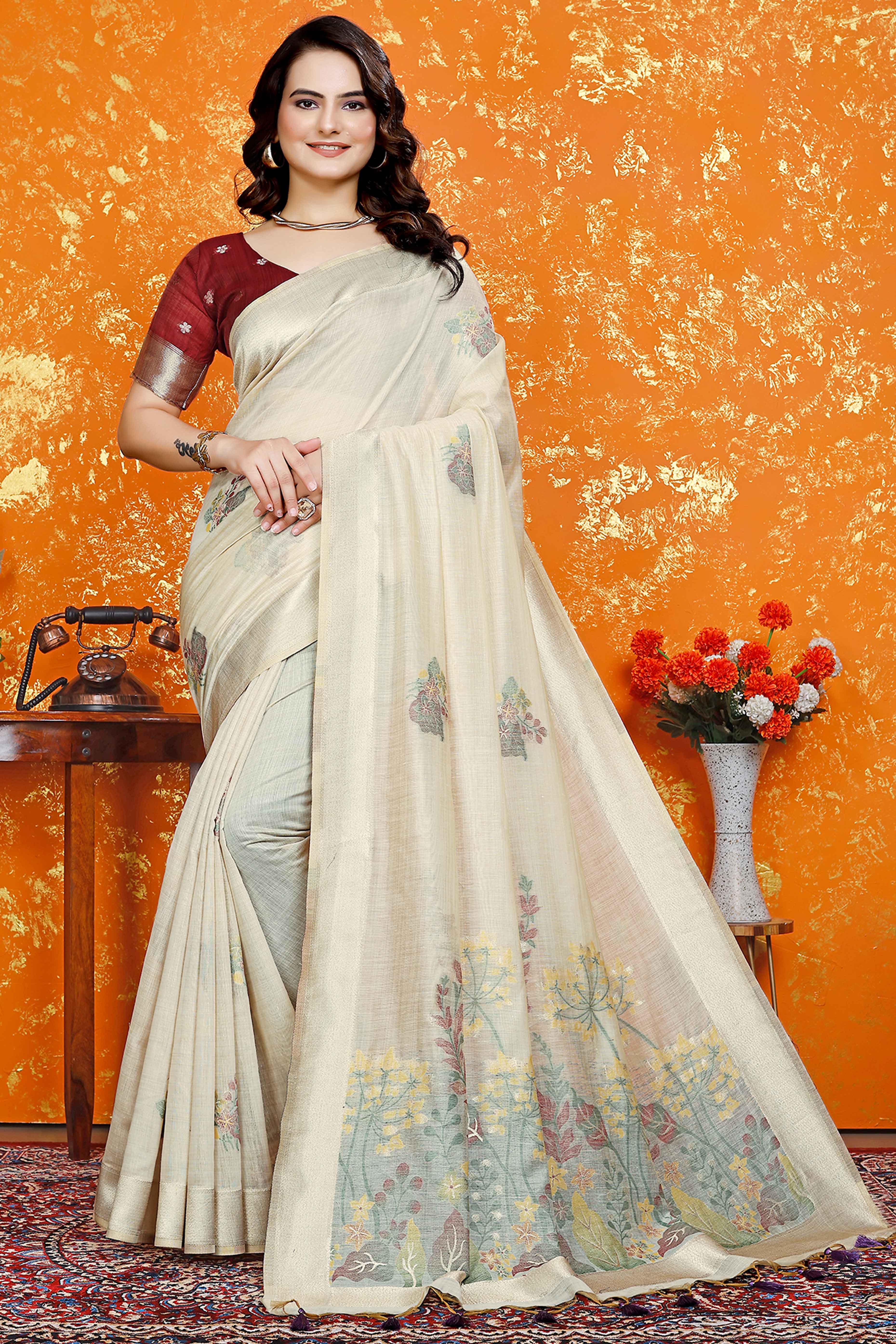 Beige Traditional Soft Muga Cotton Saree Elevated with Rich Meenakari Weaving Detailing
