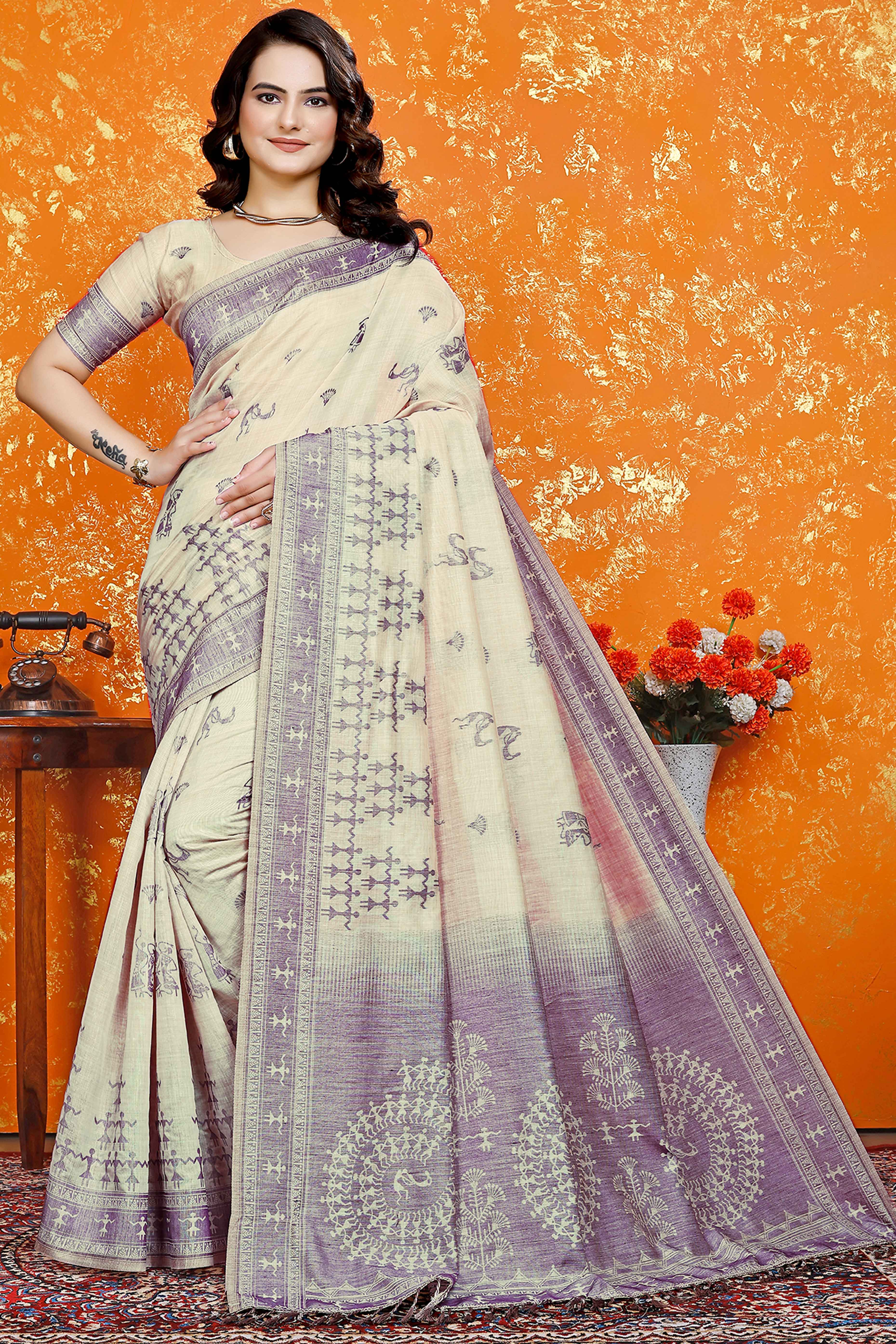 Beige & Purple Meenakari Crafted Soft Muga Cotton Saree Designed for Elegant Festive Style
