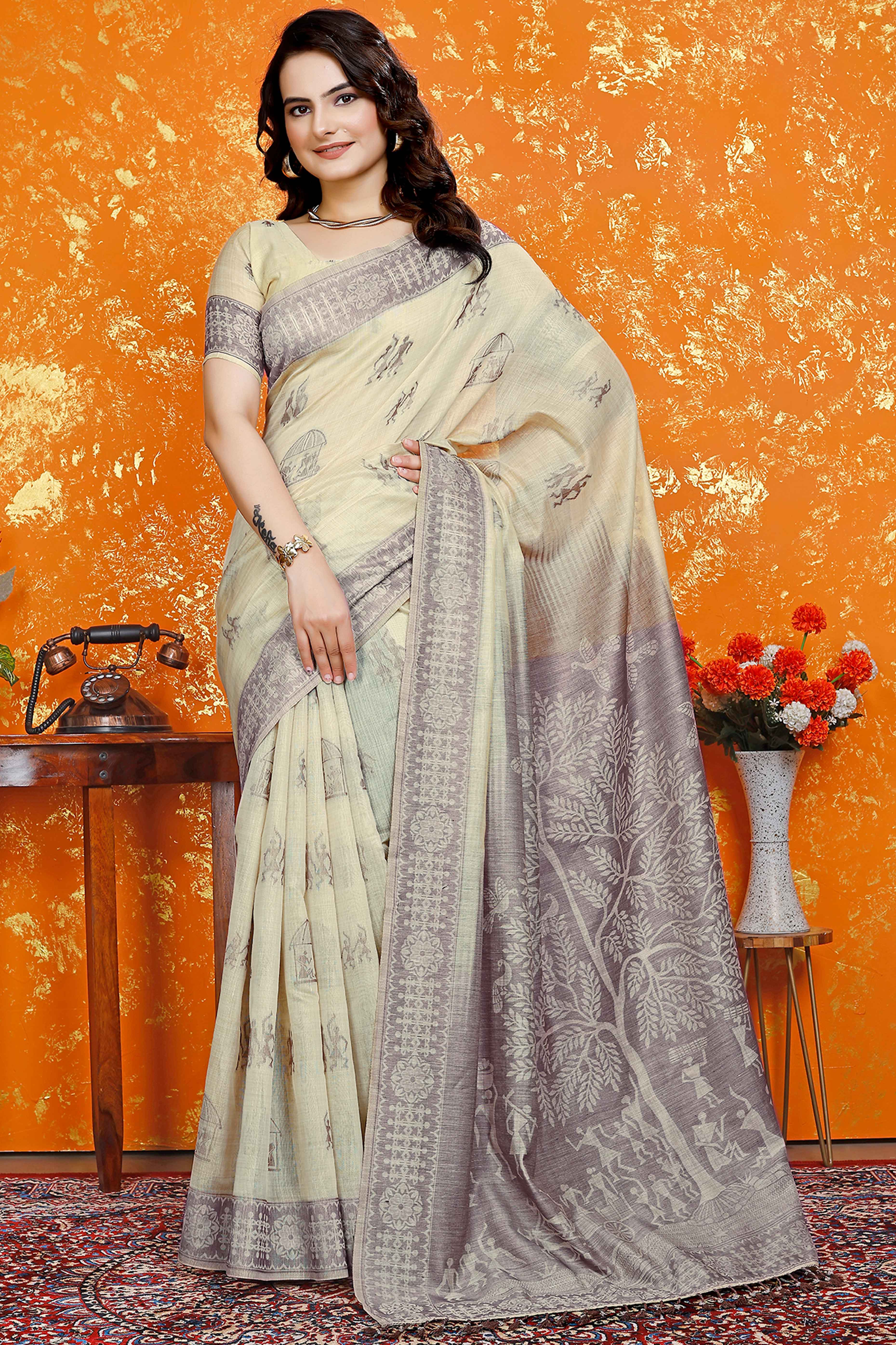 Beige Meenakari Weaving Soft Muga Cotton Saree Designed for Elegant Festive Wear