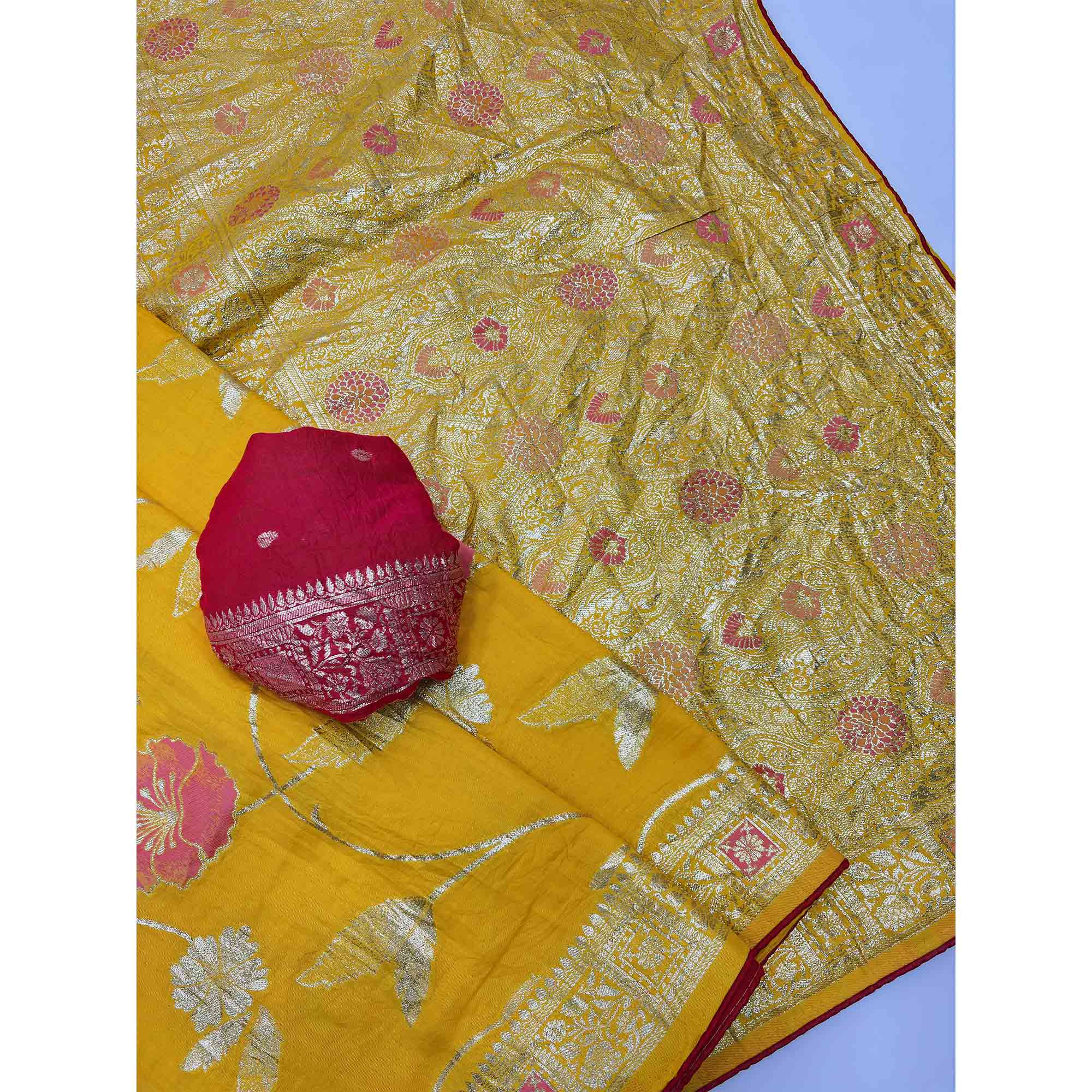 Yellow Graceful Soft Muslin Saree Highlighted with Premium Meenakari Zari Work
