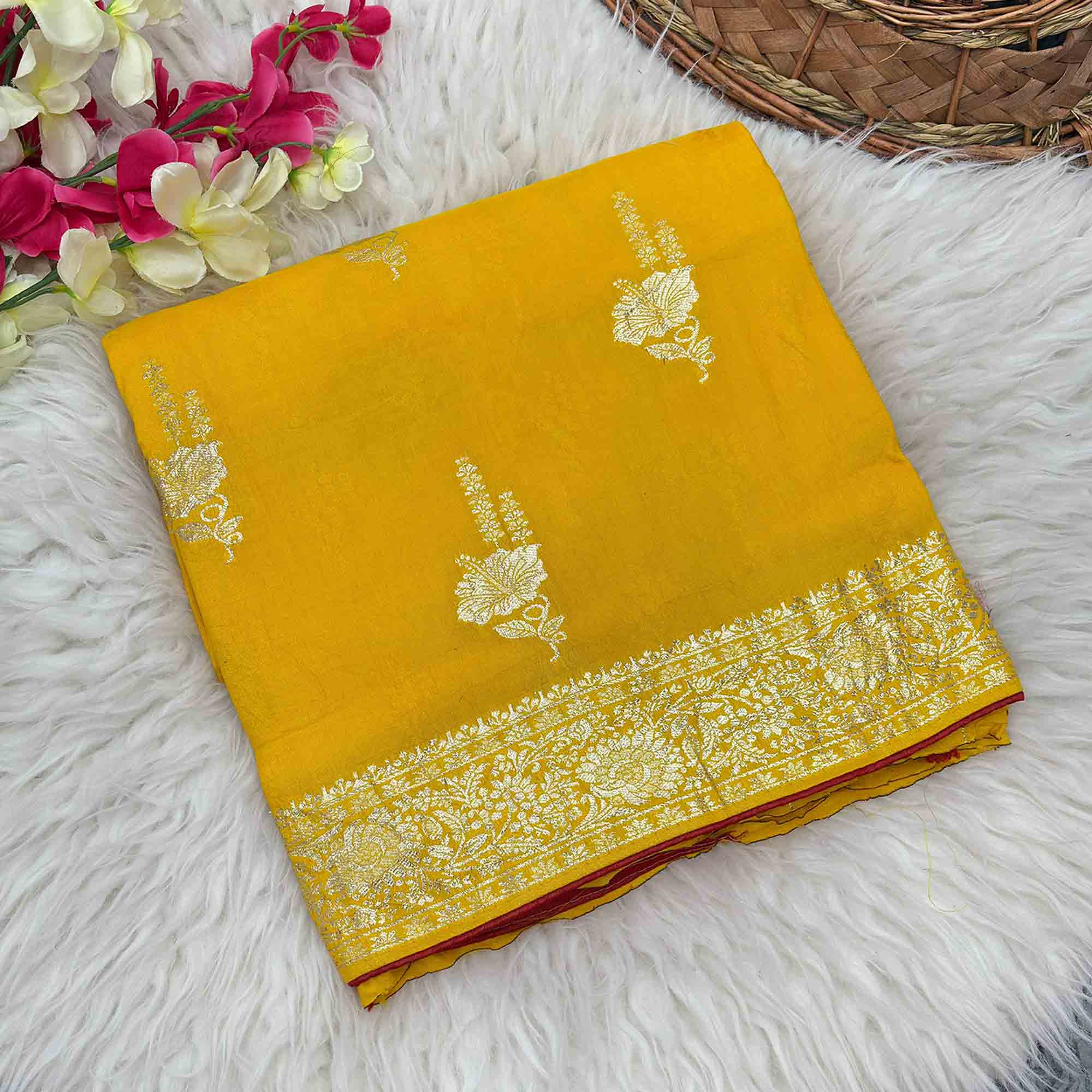 Yellow Traditional Muslin Soft Saree Featuring Luxurious Meenakari Zari Patterns