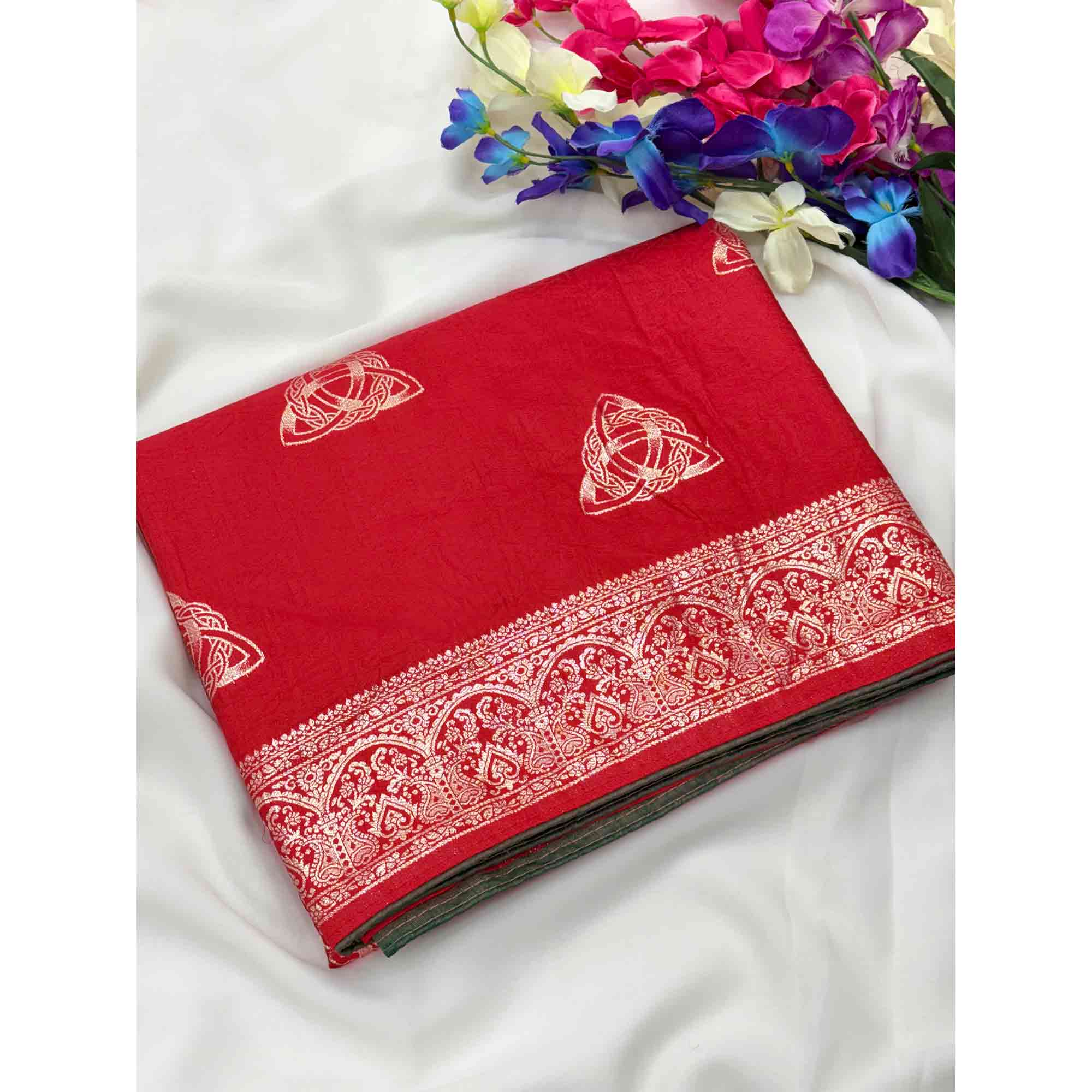 Red Festive Wear Muslin Soft Saree Enriched with Intricate Meenakari Zari Designs