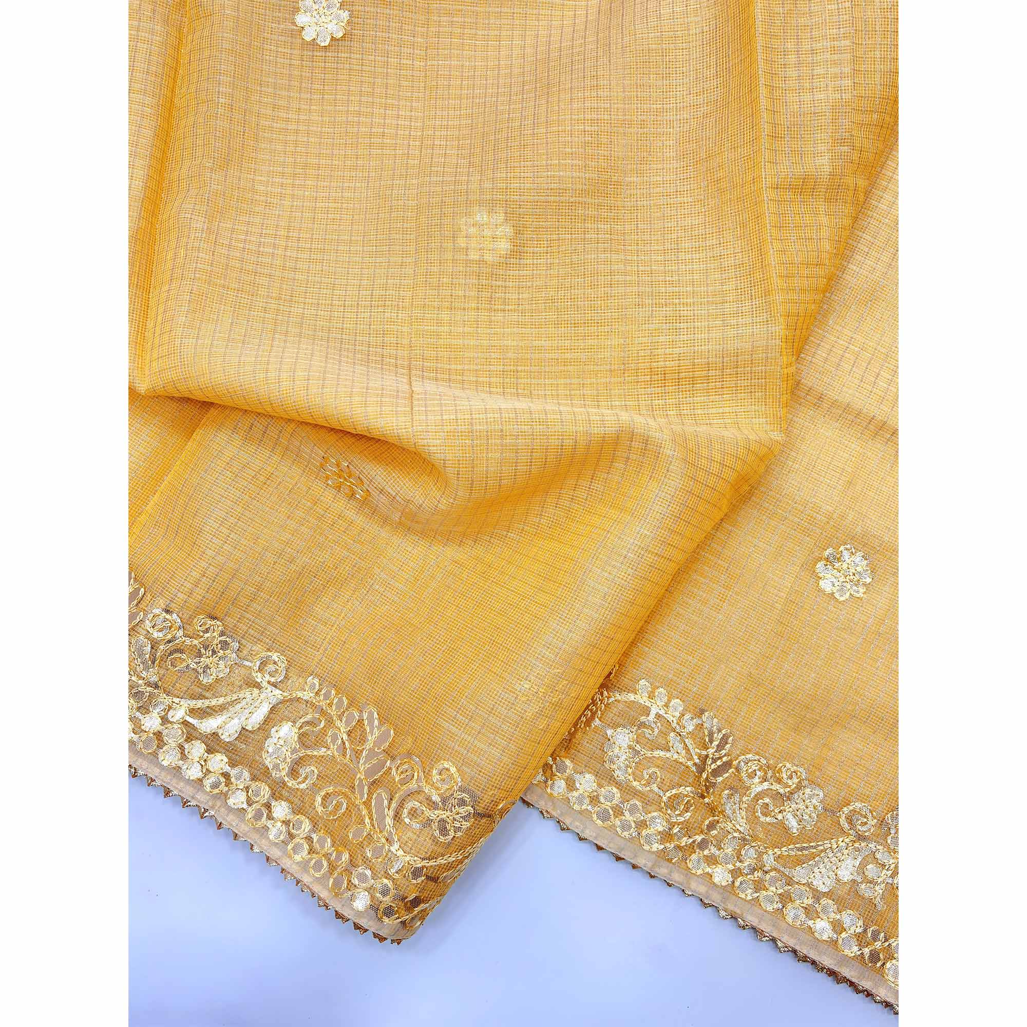 Yellow Pure Kota Doria Saree Adorned with Exquisite Gota Work Embroidery