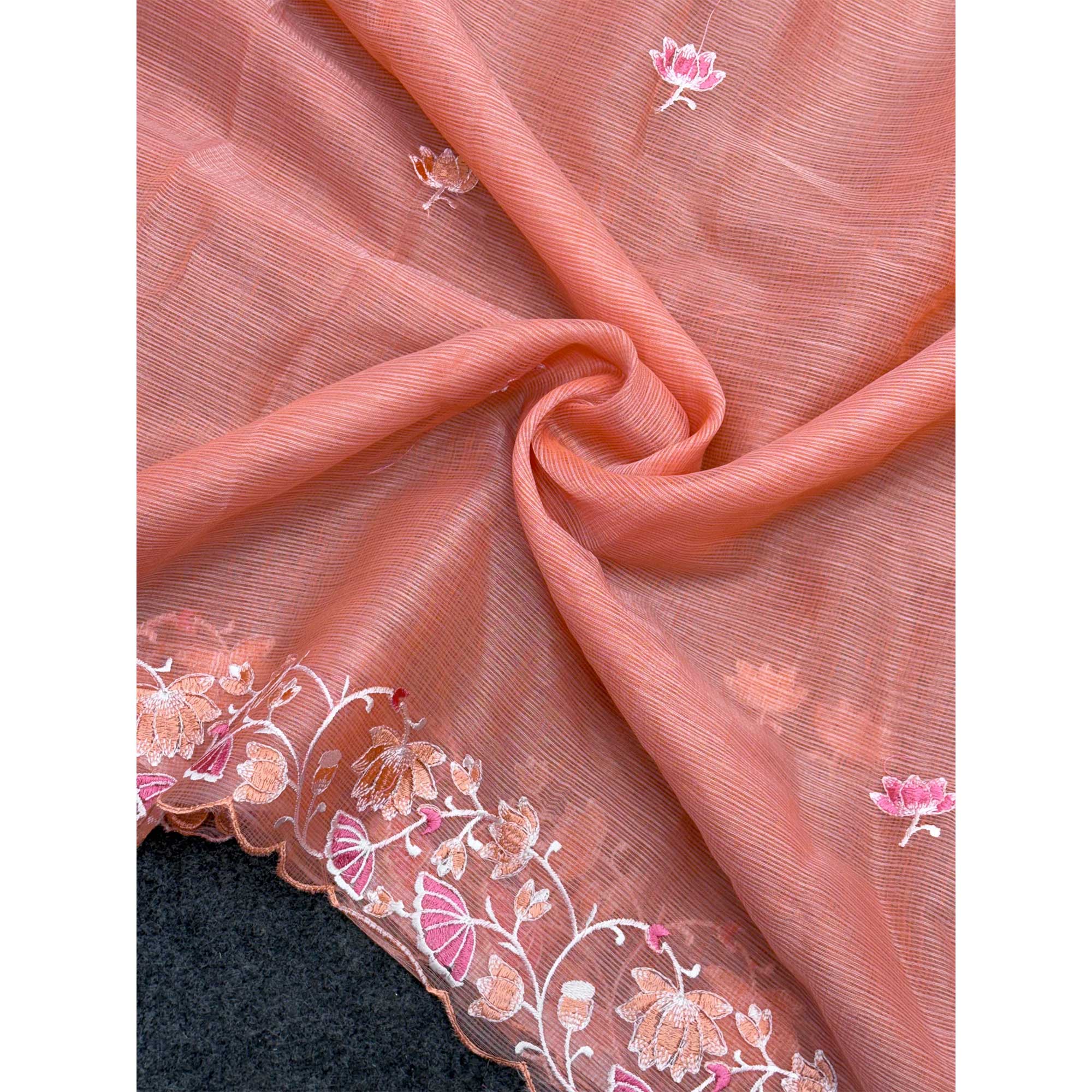 Peach Handwoven Kota Doria Saree Featuring Rich Gota Work for a Festive Look