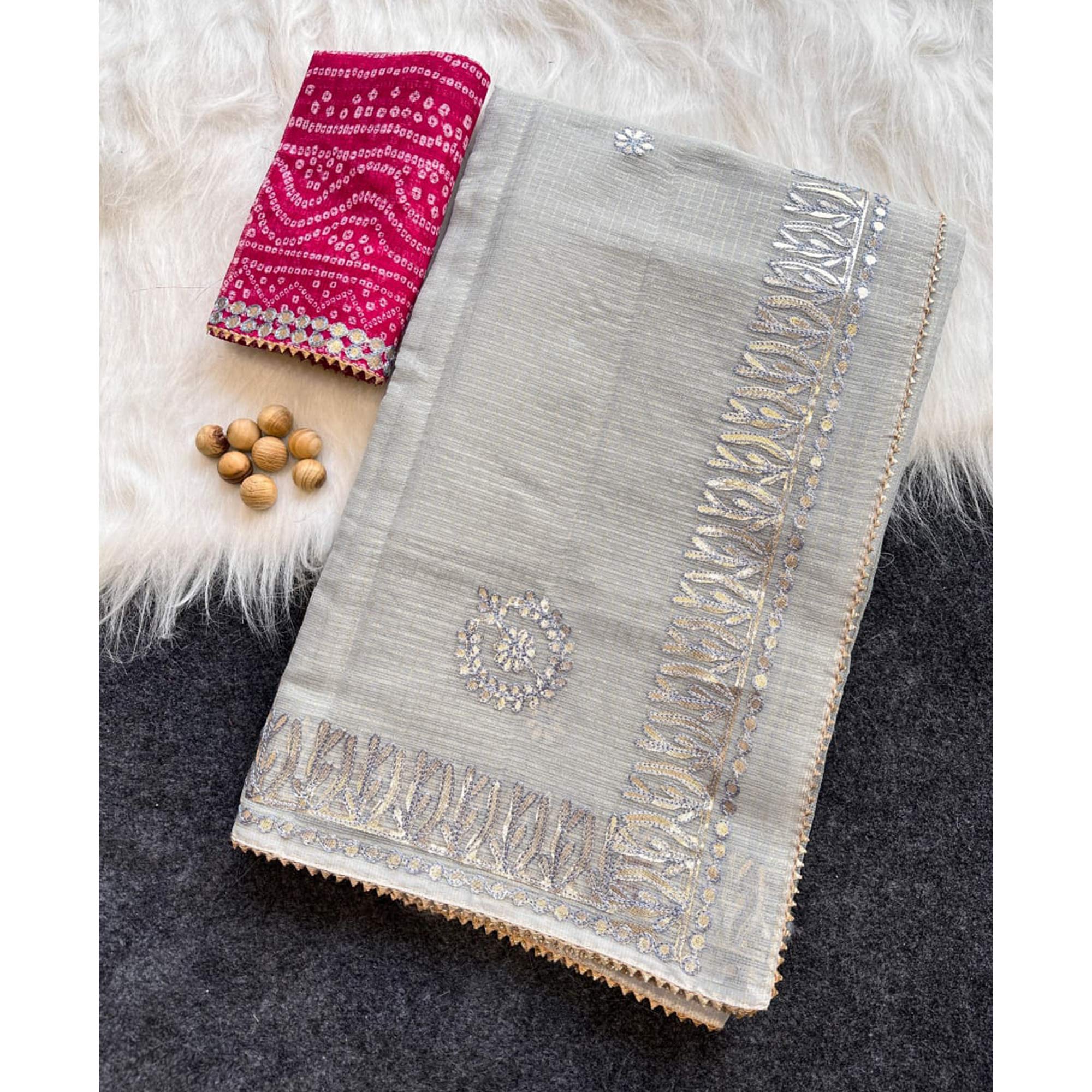 Grey Festive Kota Doria Saree Decorated with Classic Gota Work Embroidery