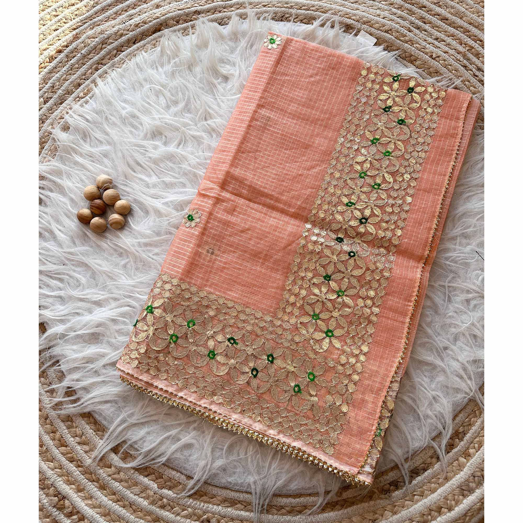 Peach Ethnic Kota Doria Saree Designed with Beautiful Traditional Gota Embroidery