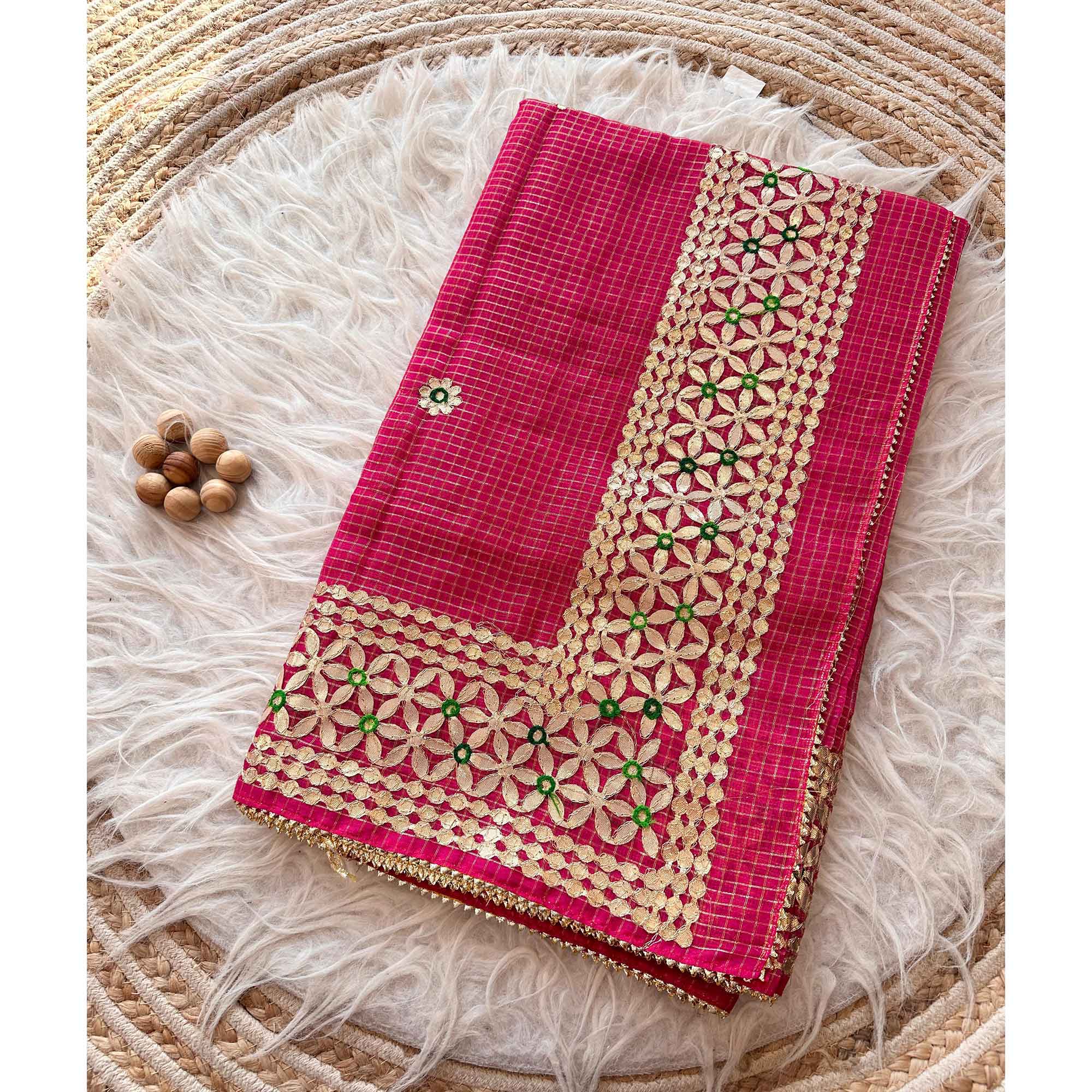 Pink Ethnic Kota Doria Saree Designed with Beautiful Traditional Gota Embroidery