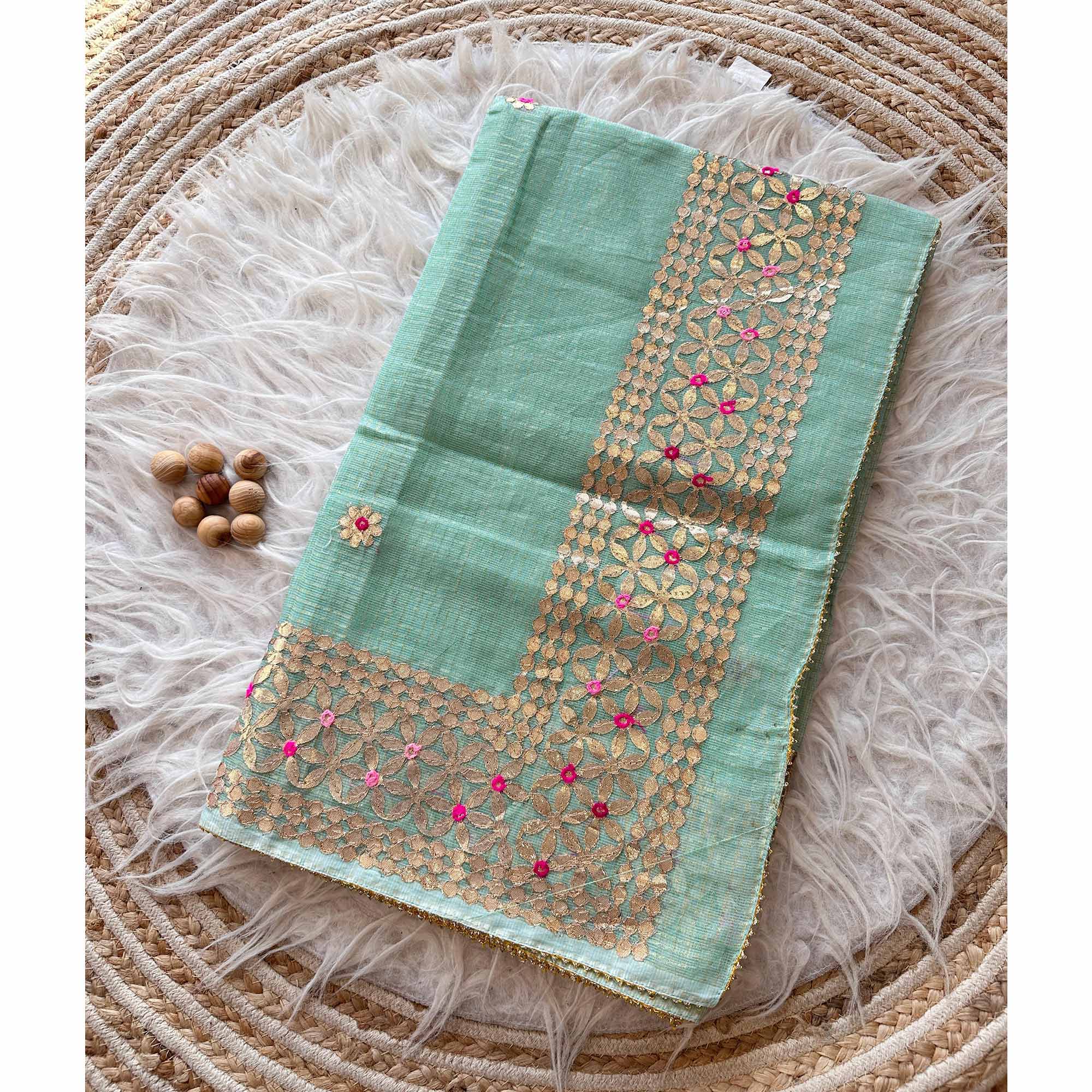 Sea Green Ethnic Kota Doria Saree Designed with Beautiful Traditional Gota Embroidery