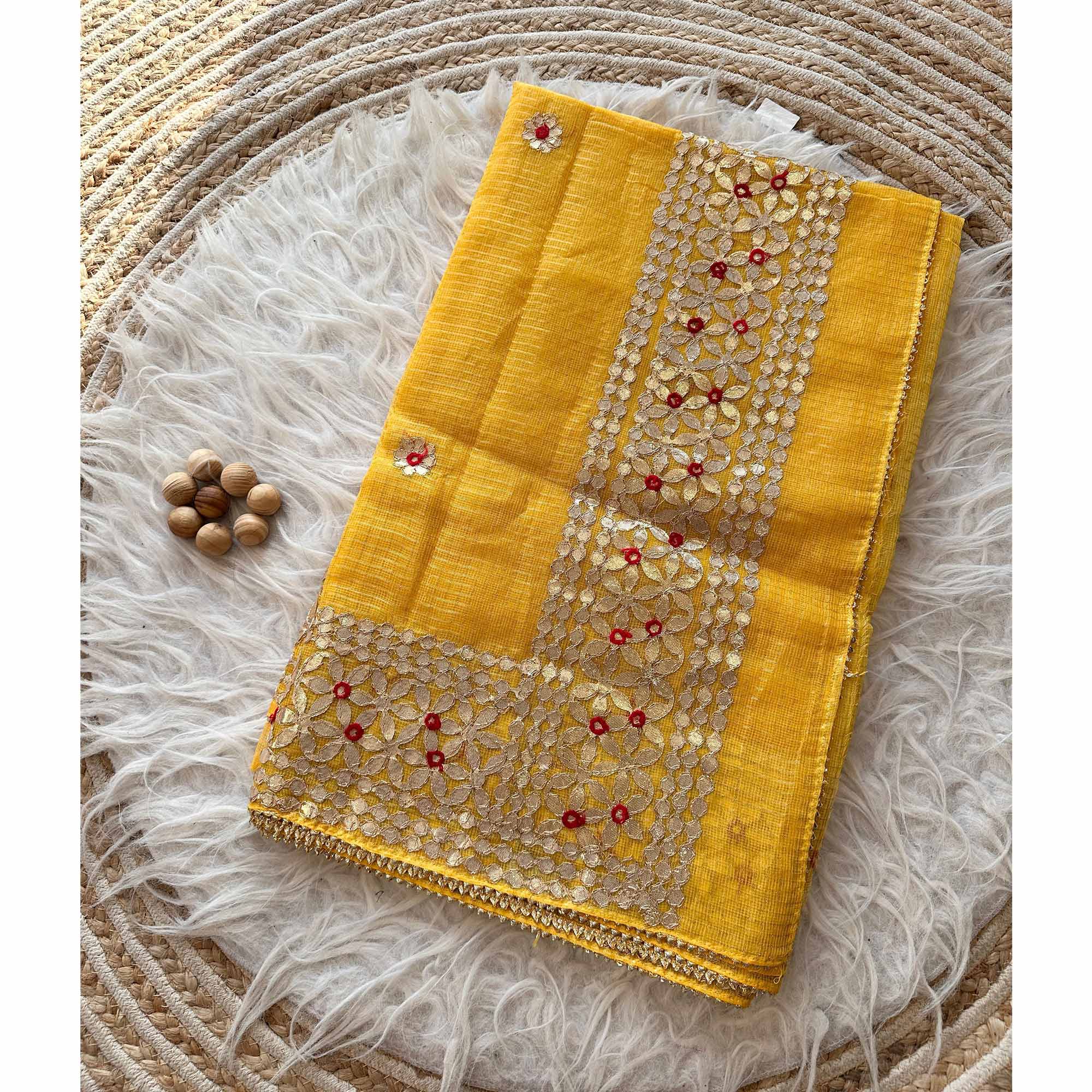 Yellow Ethnic Kota Doria Saree Designed with Beautiful Traditional Gota Embroidery