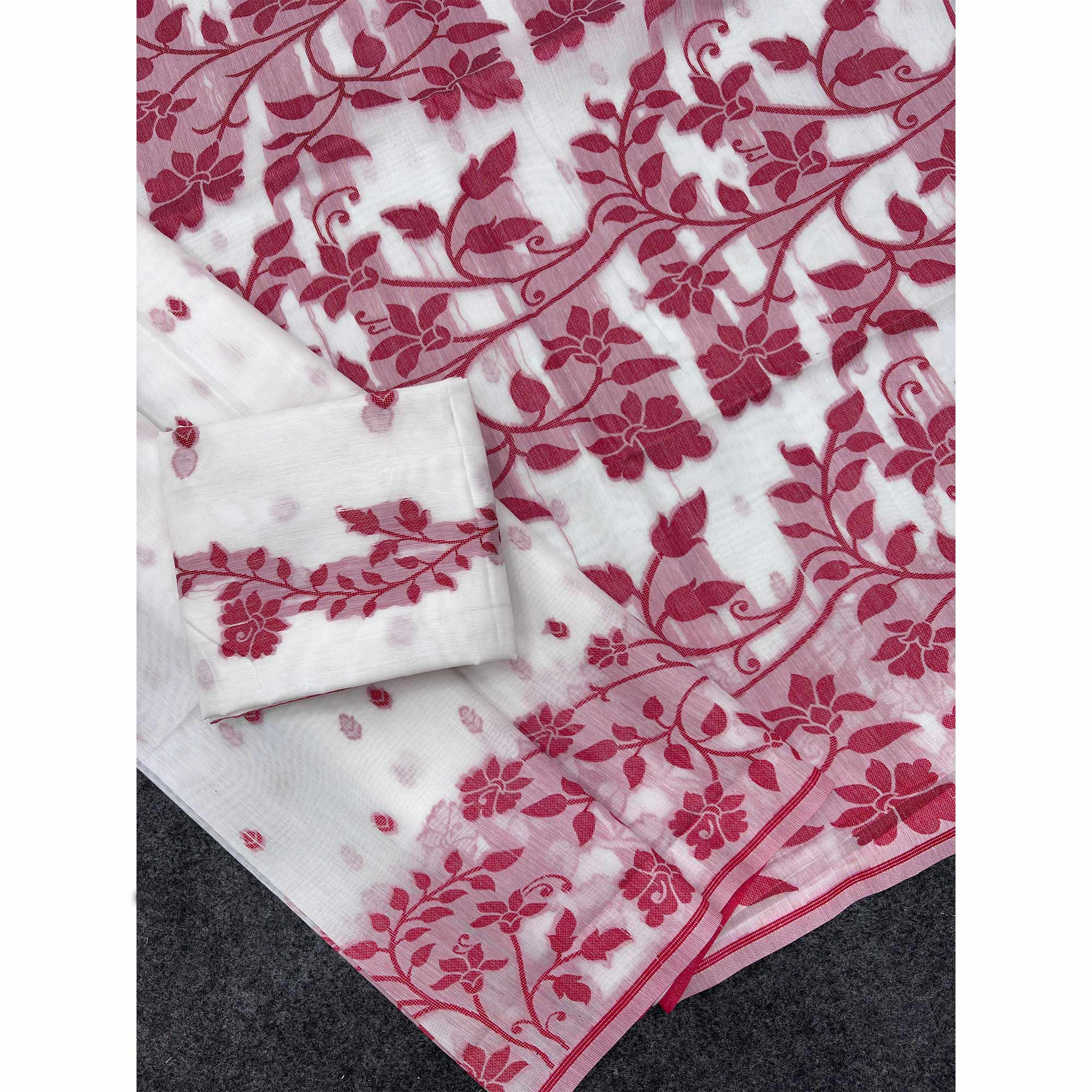 White and Red Floral Weaving Muga Cotton Silk Saree Crafted with Elegant Detailing and Classic Appeal