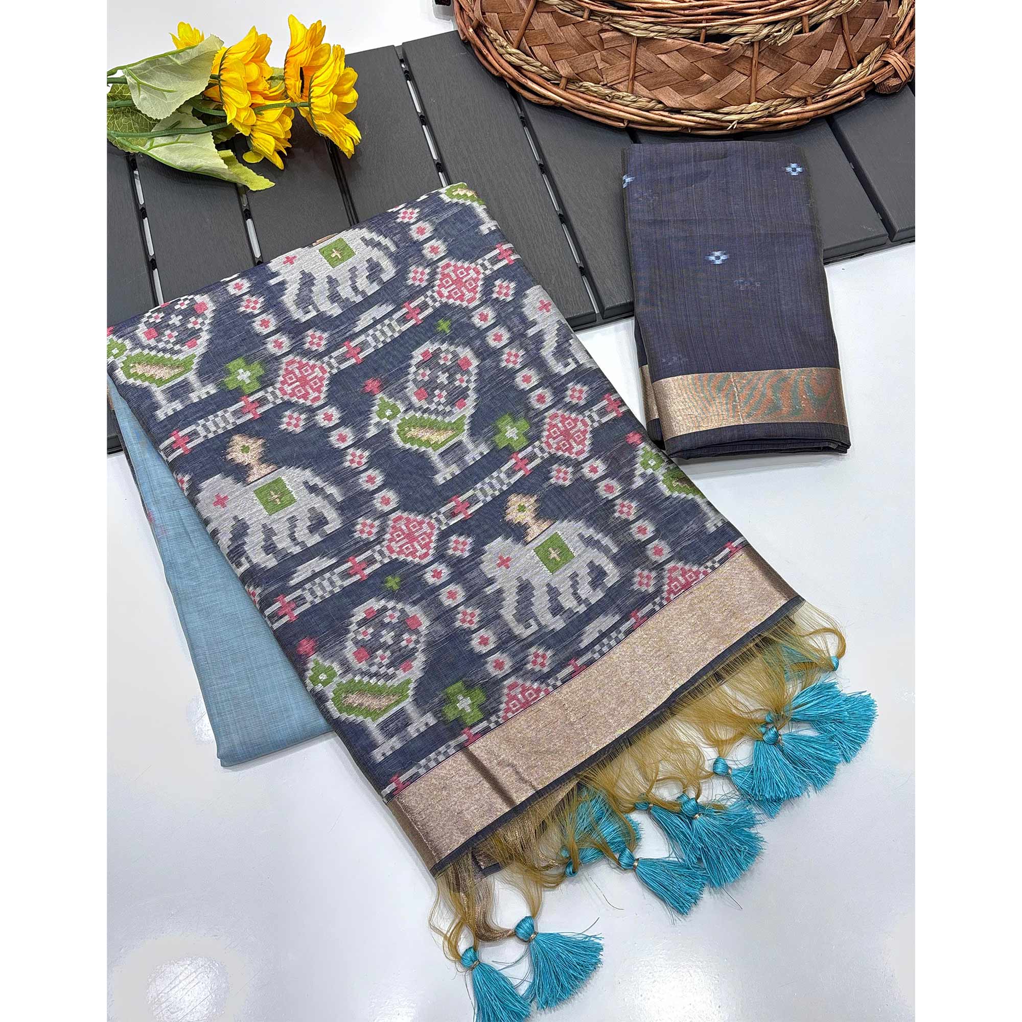 Blue Muga Cotton Silk Saree with Traditional Patola Woven Pallu Design