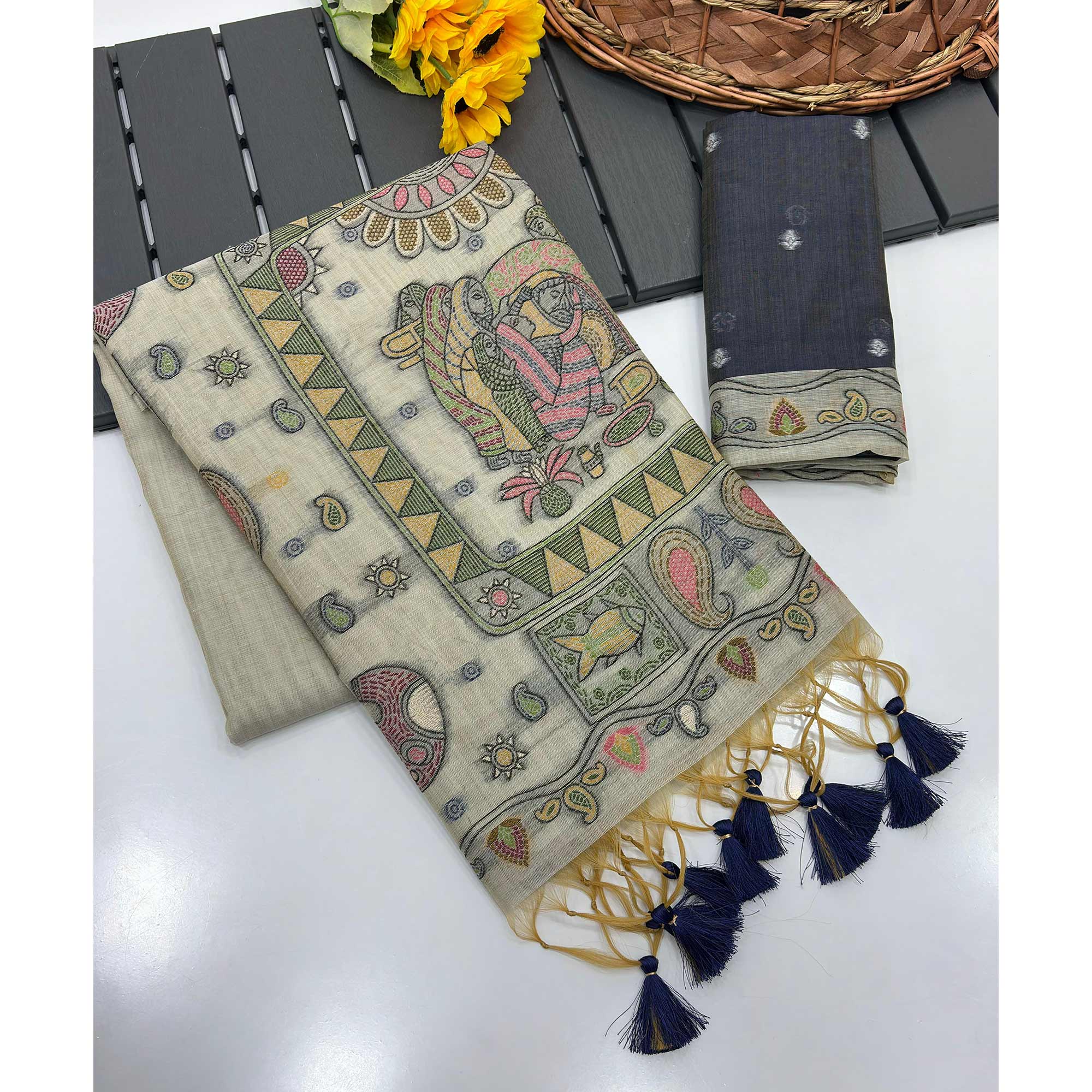 Beige Woven Muga Cotton Silk Saree In Kalamkari Motifs On Pallu