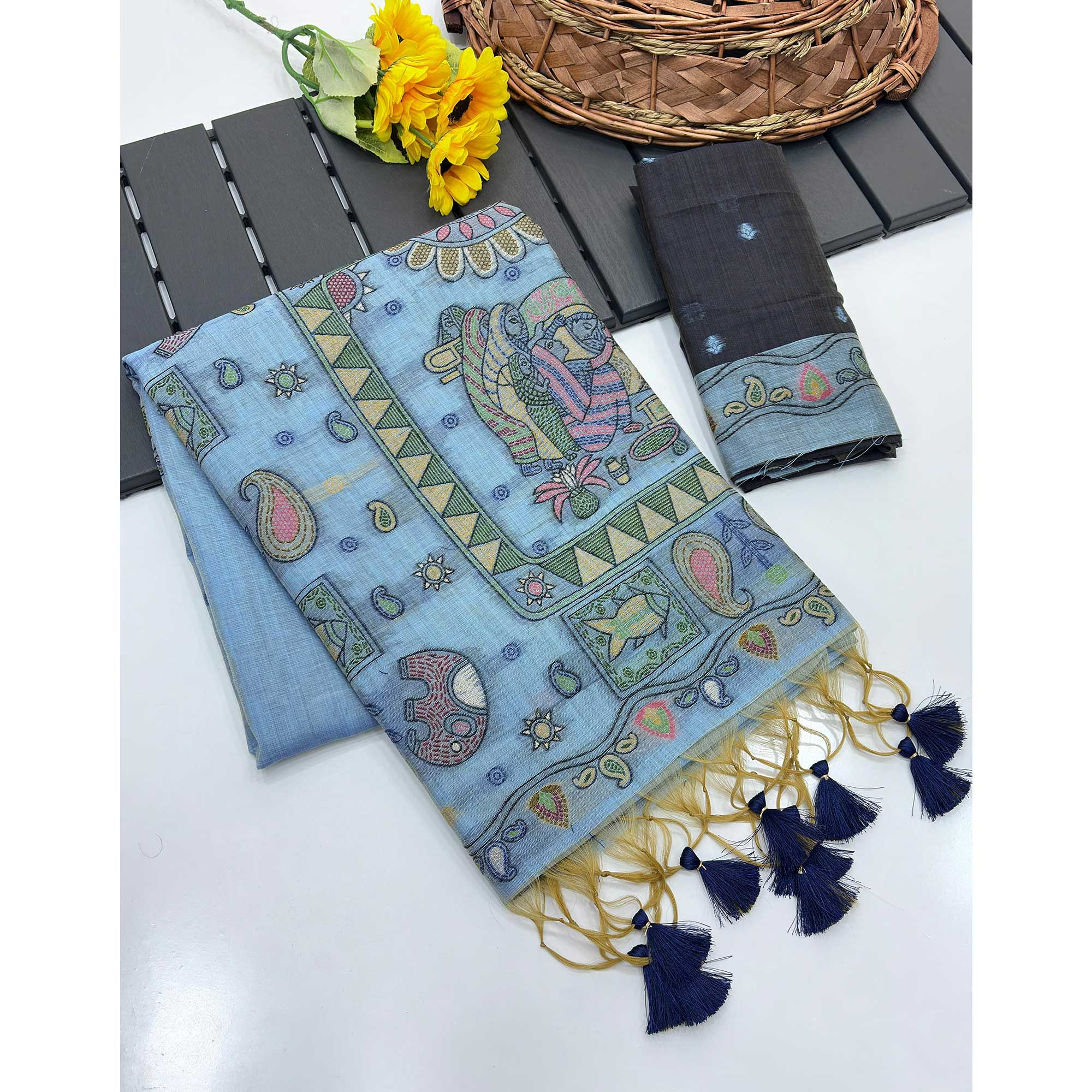 Blue Woven Muga Cotton Silk Saree In Kalamkari Motifs On Pallu