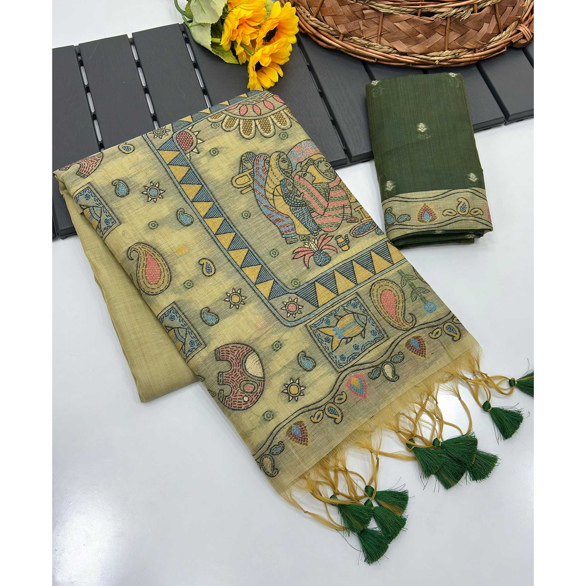 Green Woven Muga Cotton Silk Saree In Kalamkari Motifs On Pallu