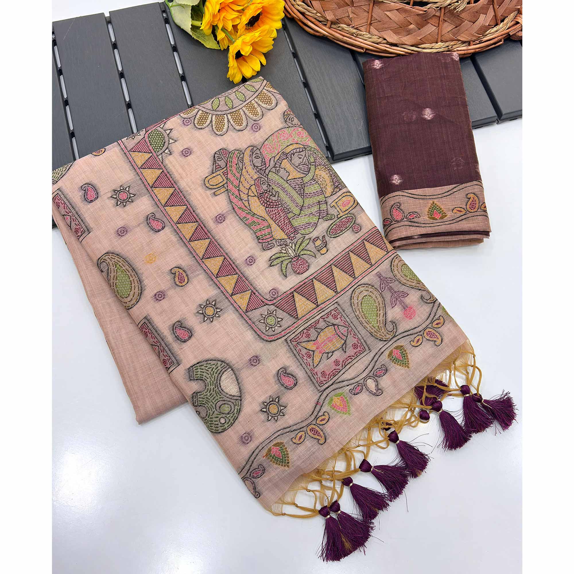 Peach Woven Muga Cotton Silk Saree In Kalamkari Motifs On Pallu