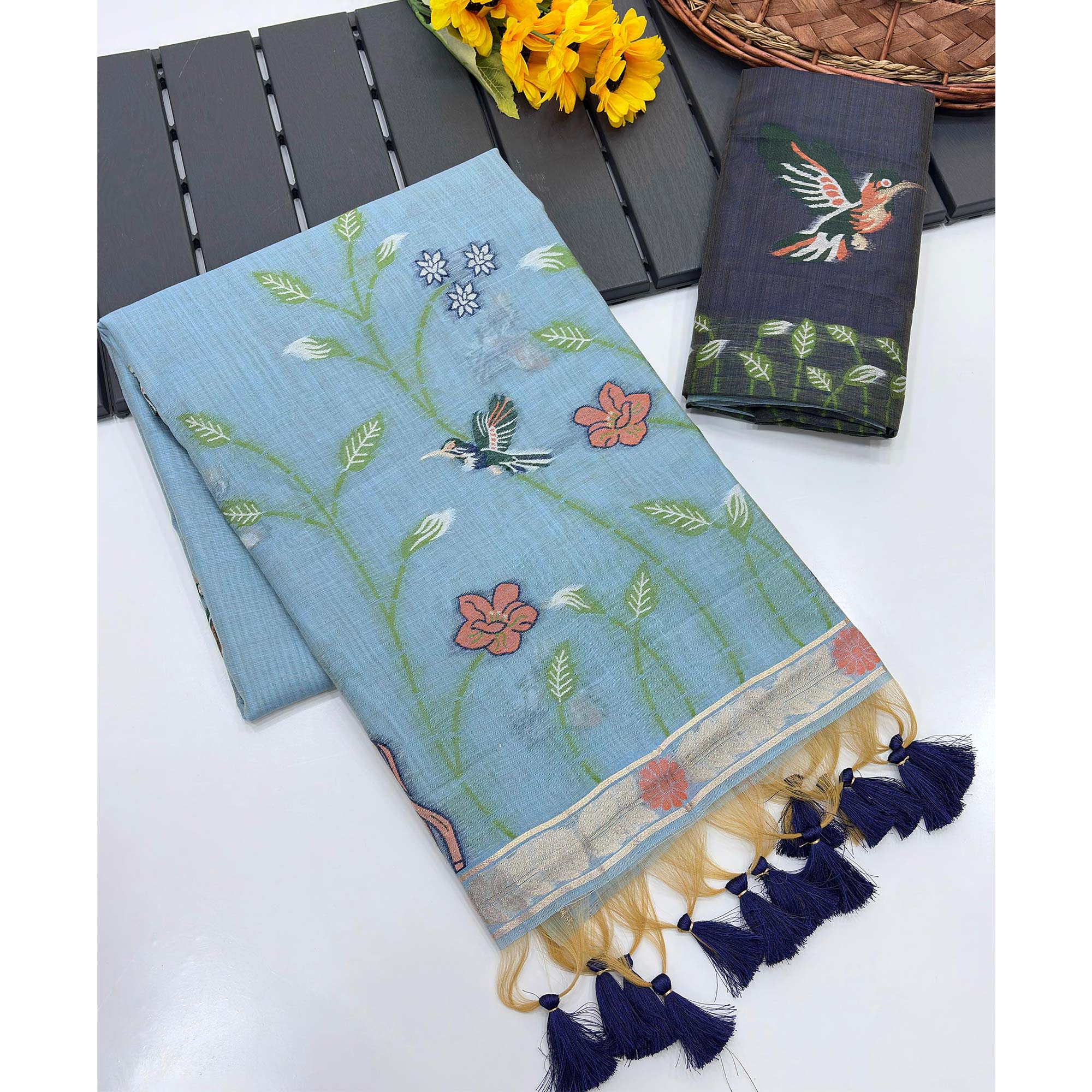 Blue Floral Handloom Muga Cotton Silk Saree with Artisanal Weave