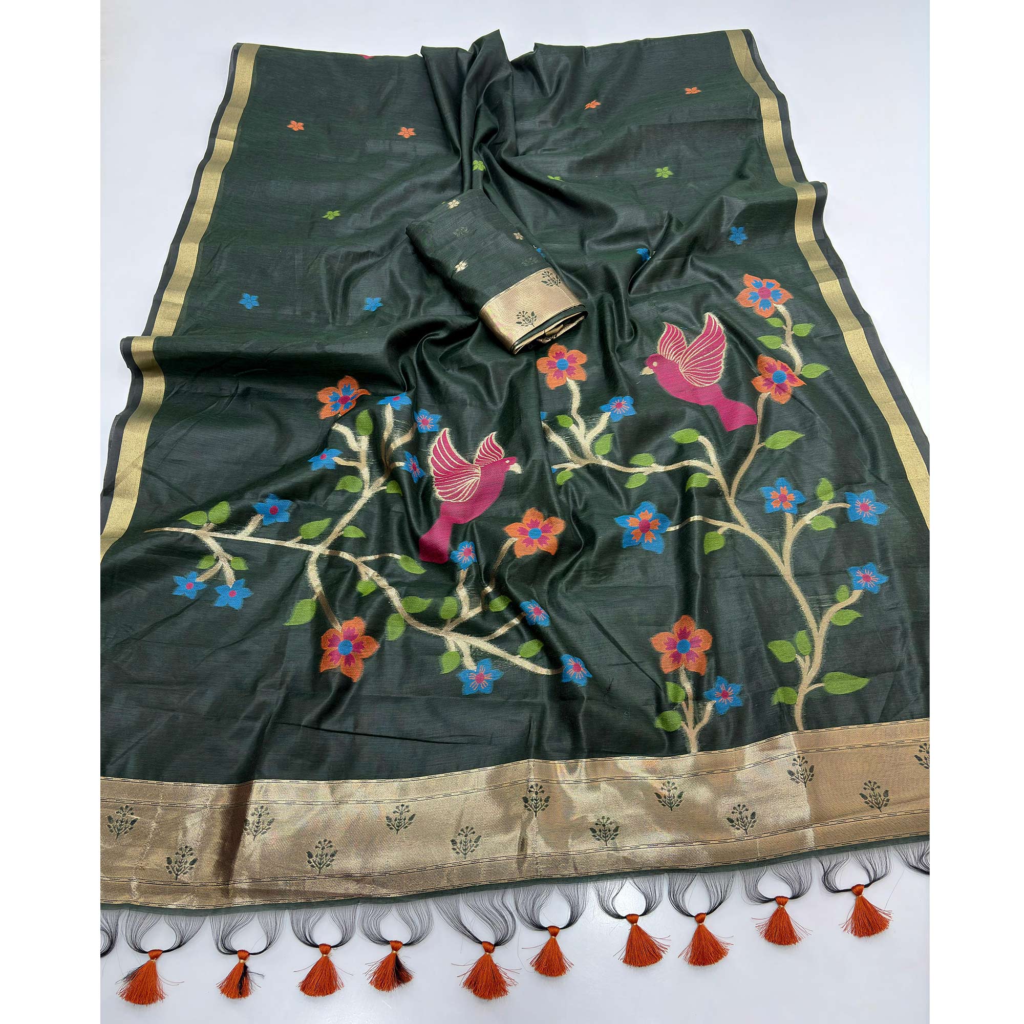 Green Floral Handloom Muga Cotton Silk Saree with Traditional Charm