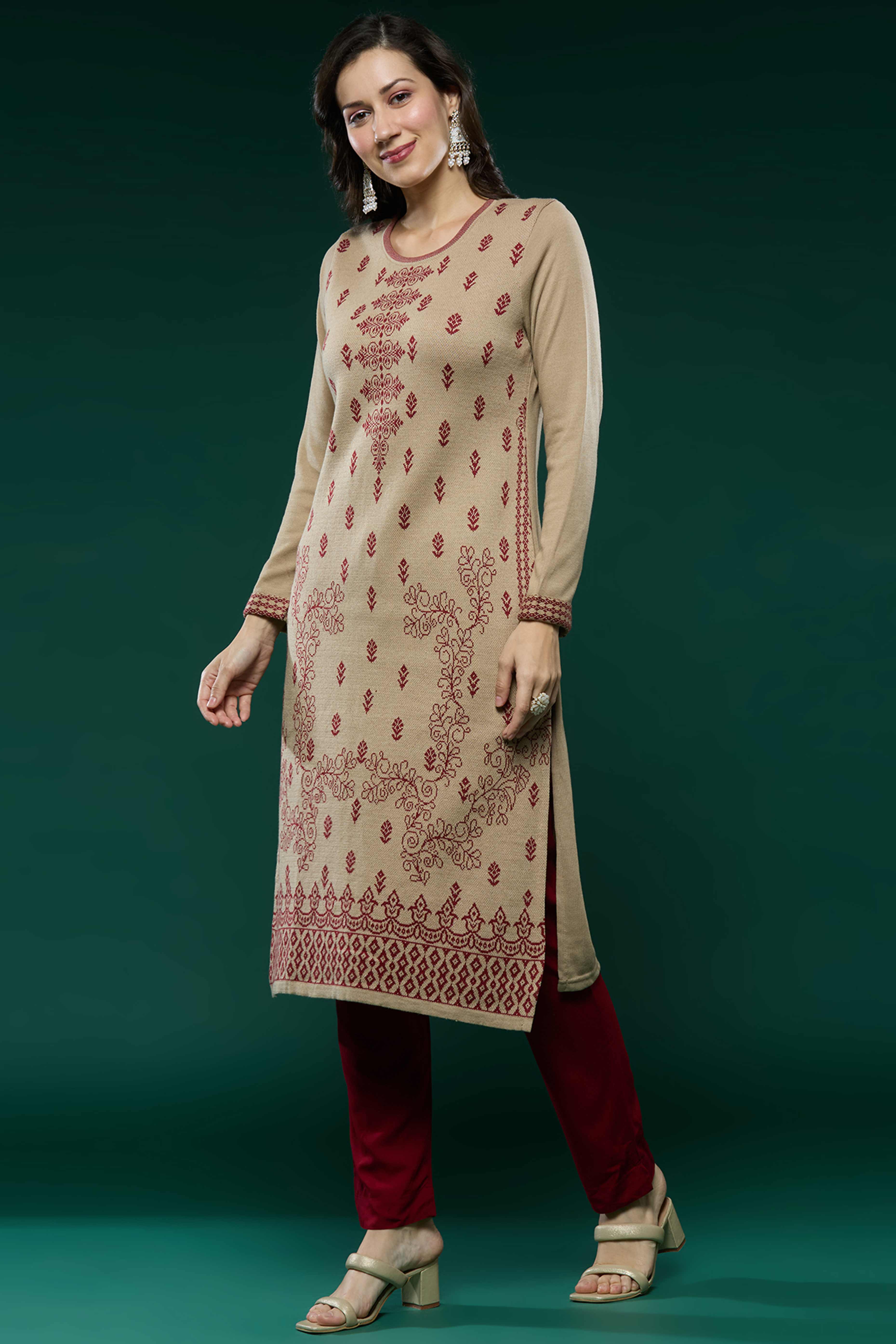 Beige Woolen Straight Kurti