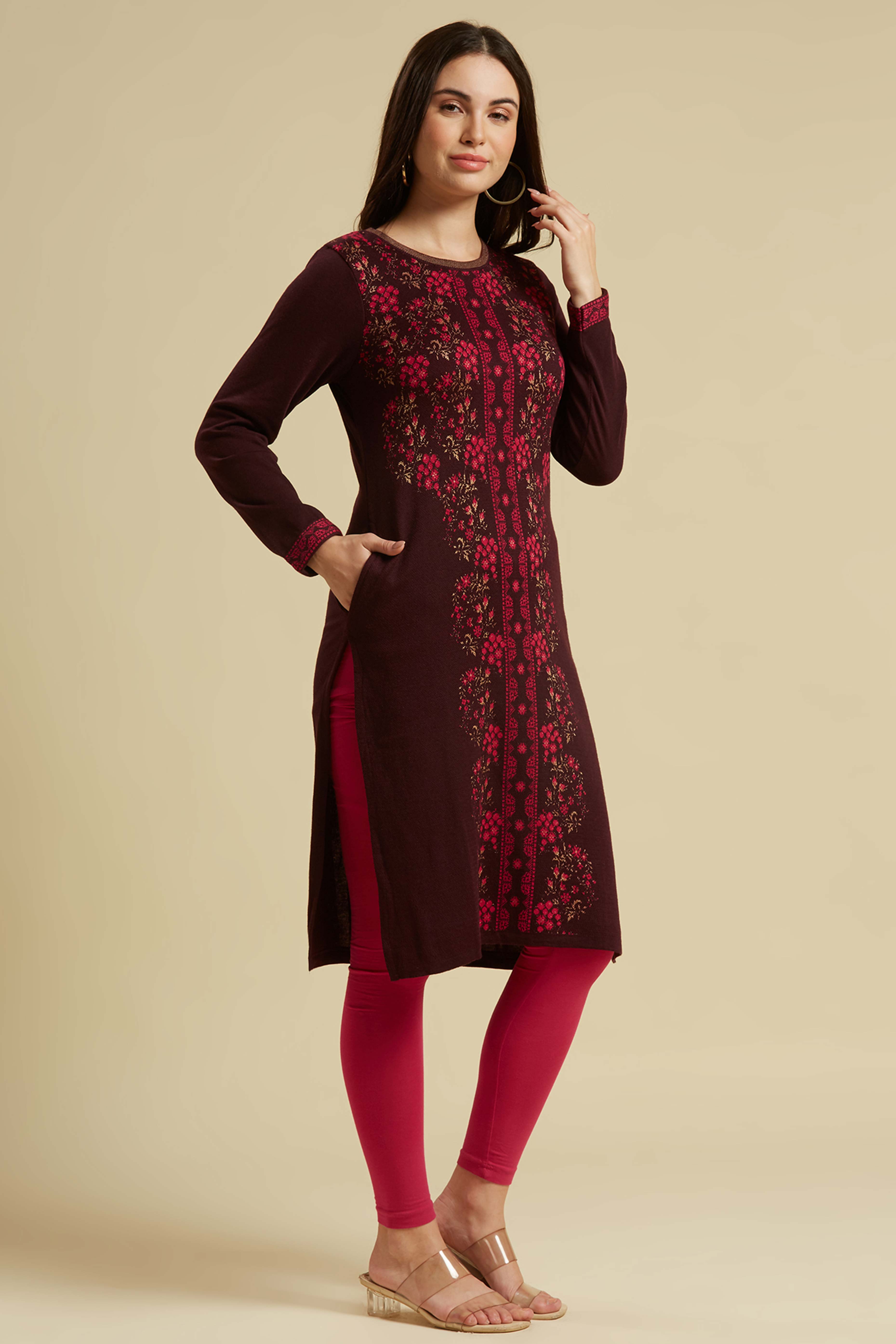 Dark Mauve Woolen Straight Kurti