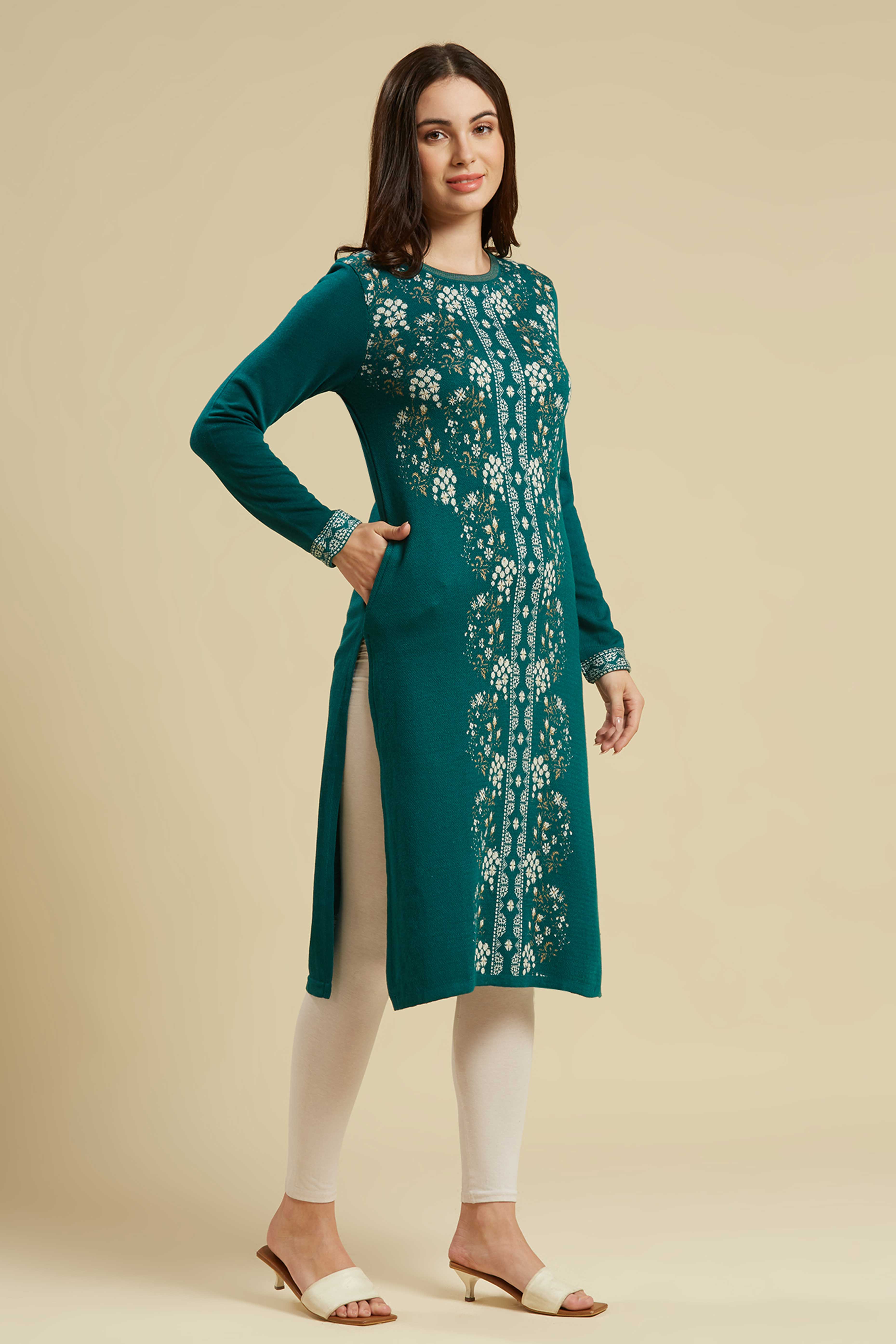 Teal Woolen Straight Kurti